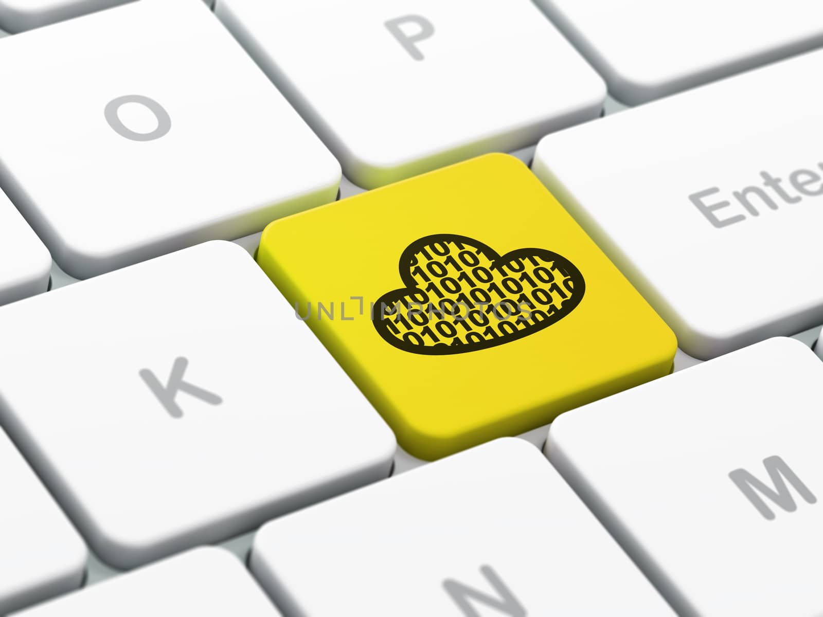 Cloud networking concept: computer keyboard with Cloud With Code icon on enter button background, selected focus, 3D rendering