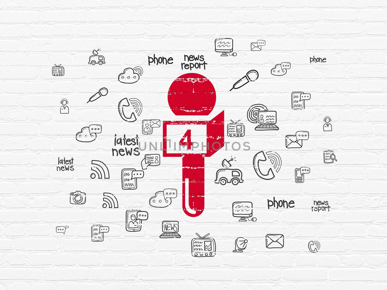 News concept: Painted red Microphone icon on White Brick wall background with  Hand Drawn News Icons