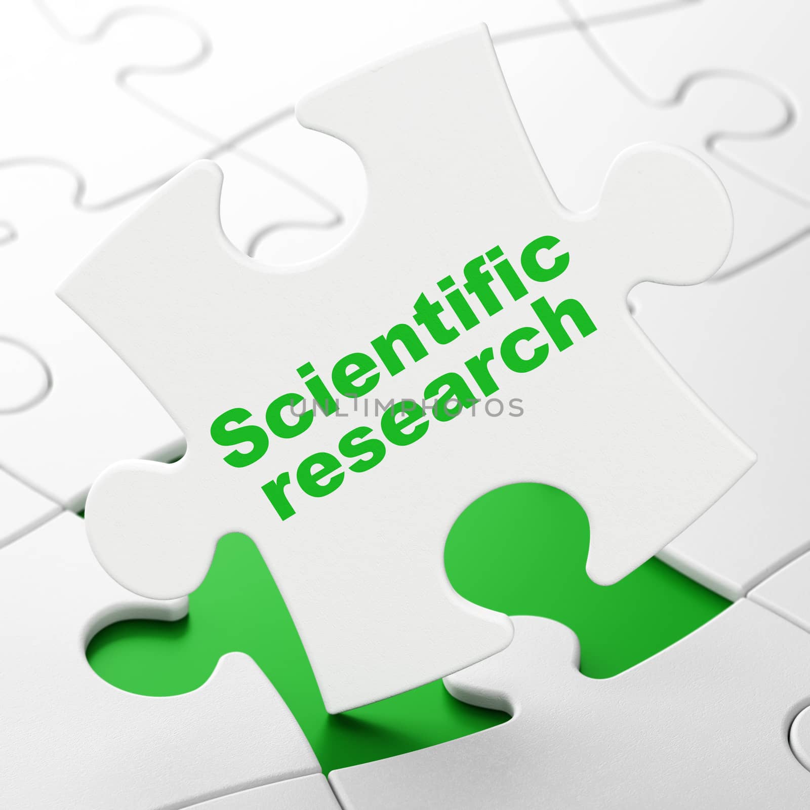 Science concept: Scientific Research on White puzzle pieces background, 3D rendering