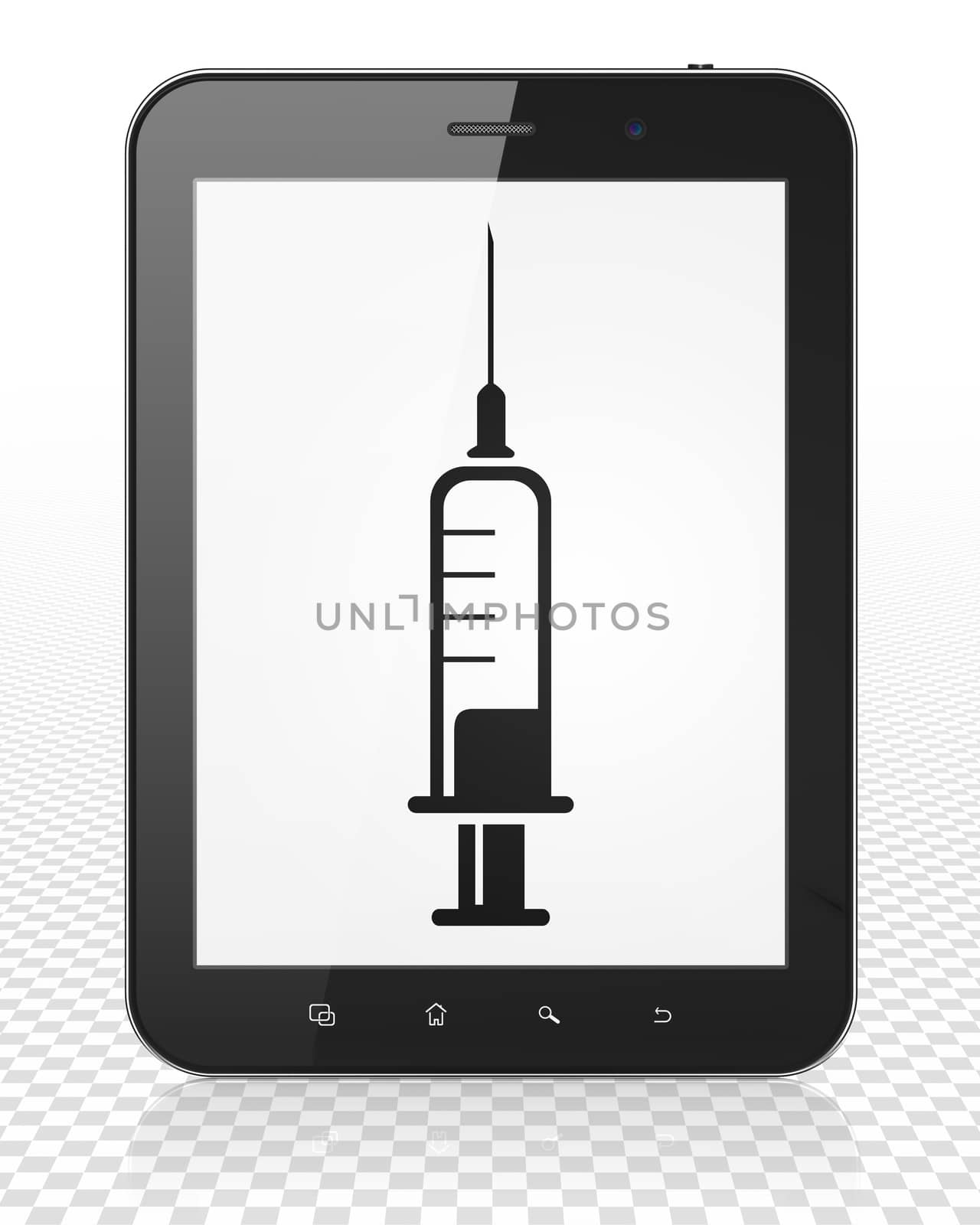 Healthcare concept: Tablet Pc Computer with Syringe on display by maxkabakov