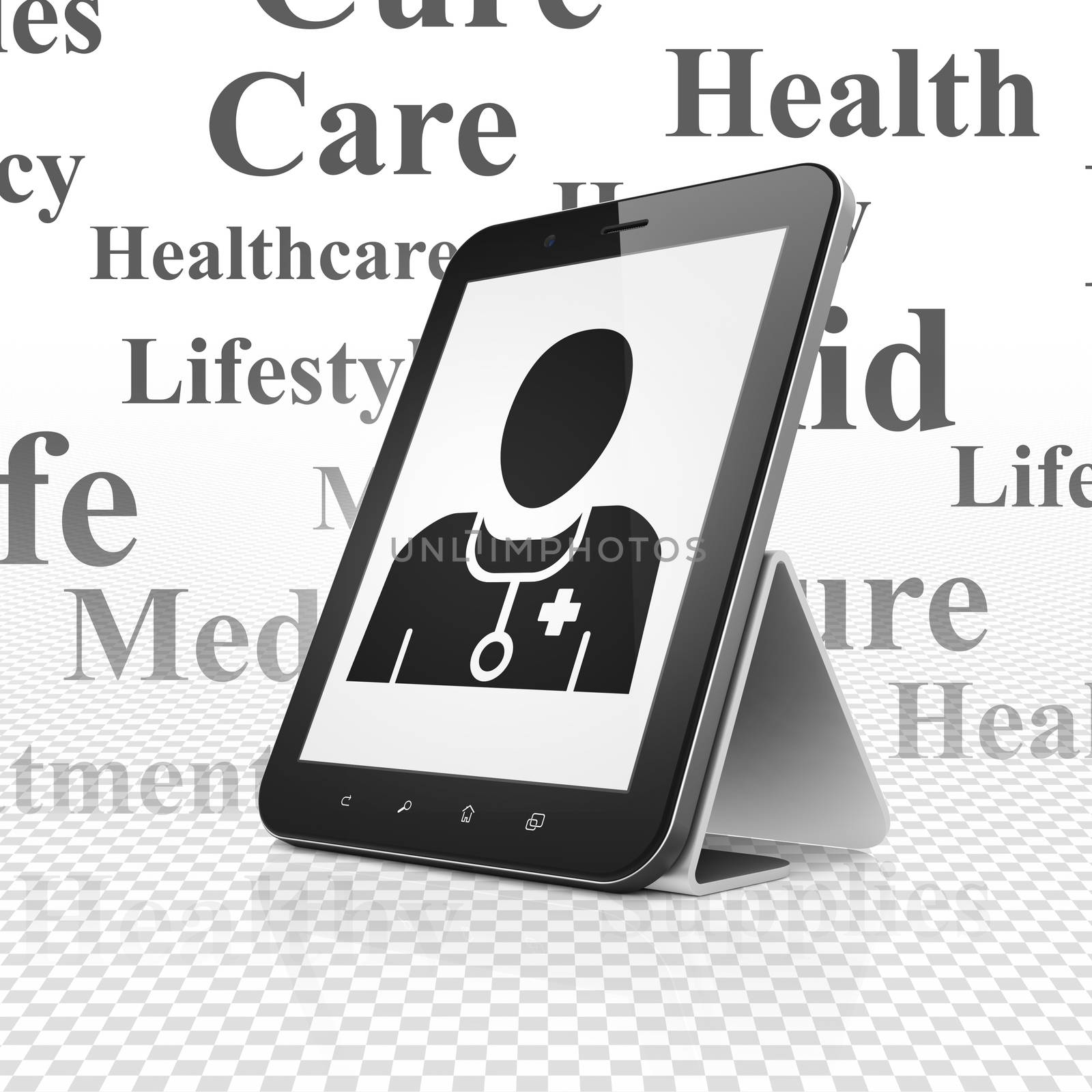 Health concept: Tablet Computer with  black Doctor icon on display,  Tag Cloud background, 3D rendering