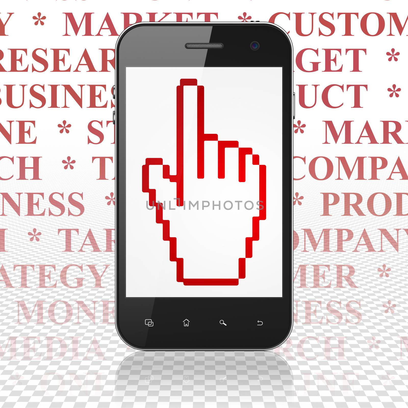 Advertising concept: Smartphone with  red Mouse Cursor icon on display,  Tag Cloud background, 3D rendering