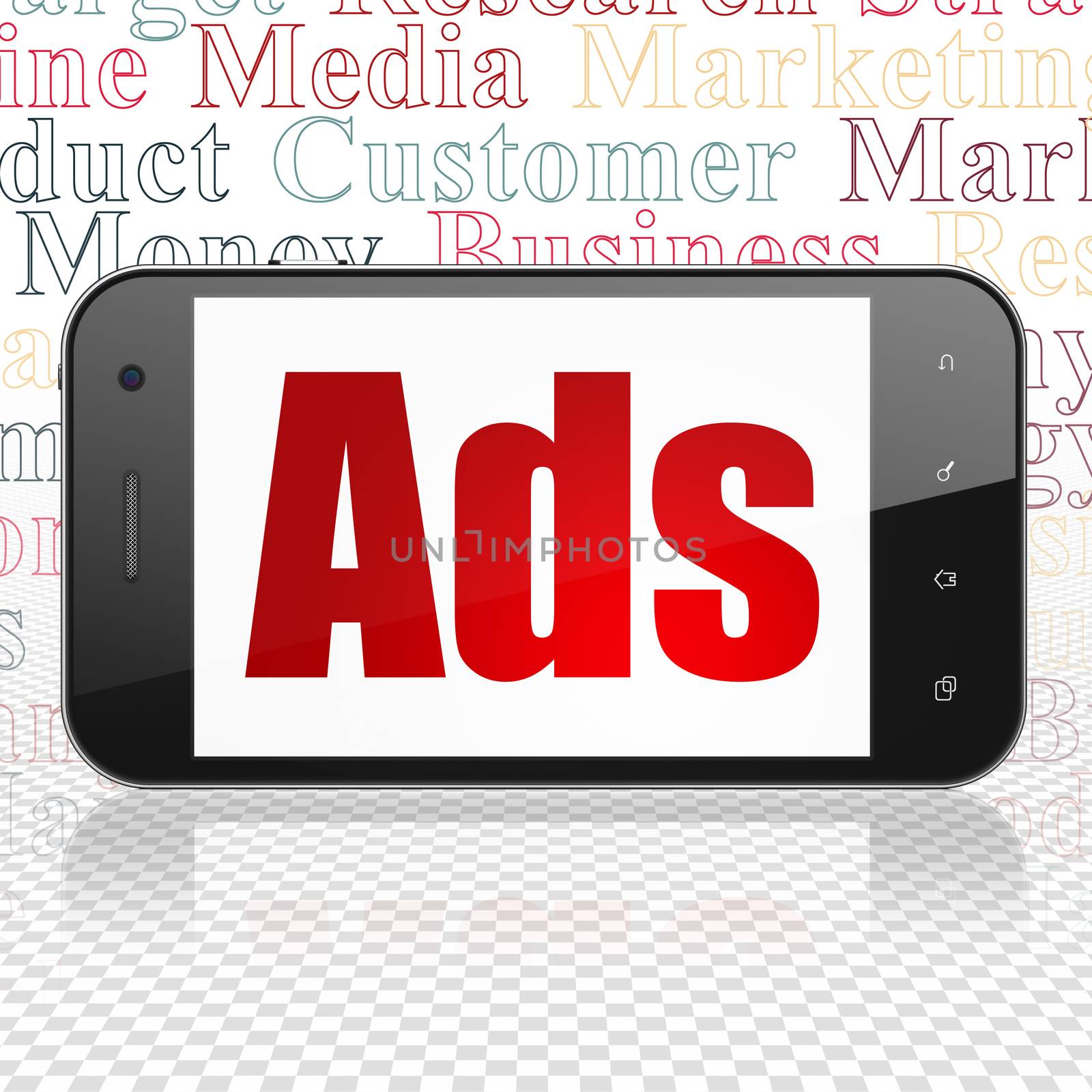 Advertising concept: Smartphone with  red text Ads on display,  Tag Cloud background, 3D rendering