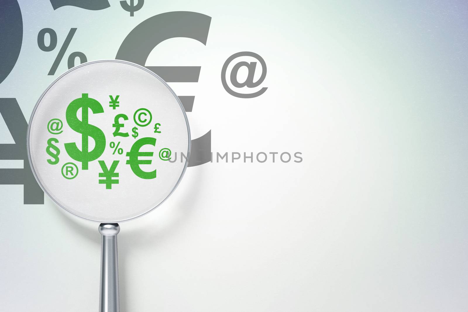 Advertising concept: magnifying optical glass with Finance Symbol icon on digital background, empty copyspace for card, text, advertising, 3D rendering