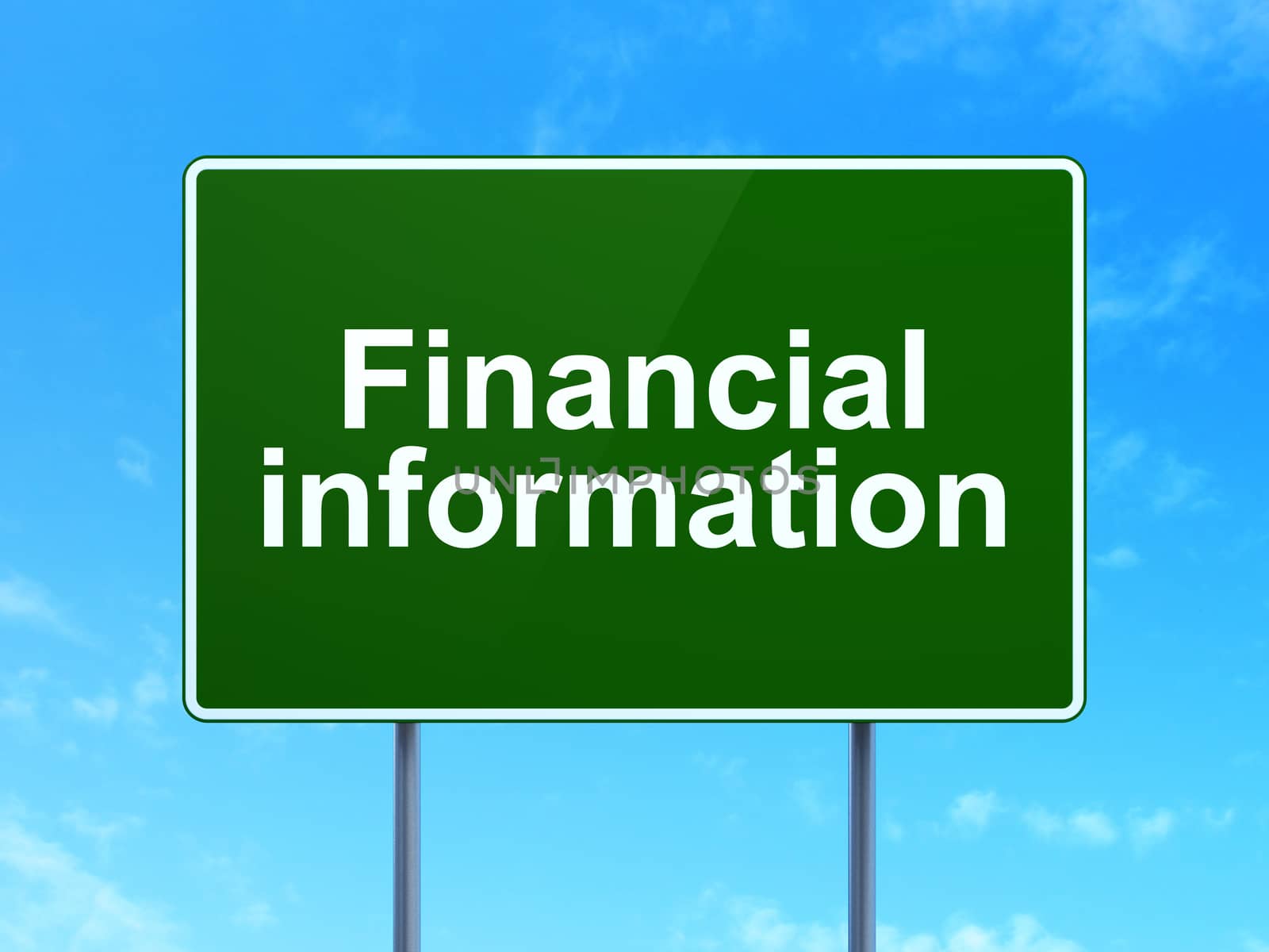 Business concept: Financial Information on green road highway sign, clear blue sky background, 3D rendering