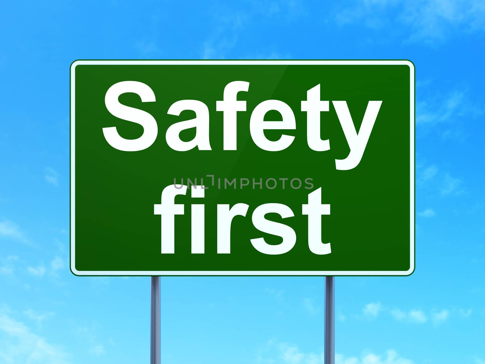Security concept: Safety First on green road highway sign, clear blue sky background, 3D rendering