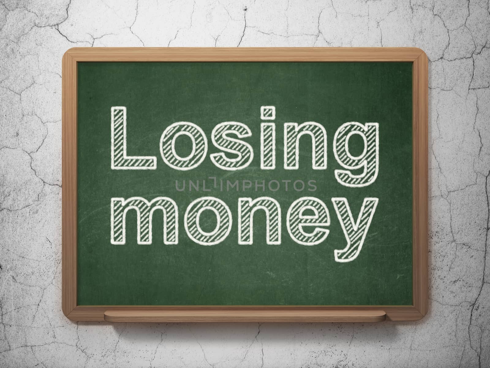 Money concept: text Losing Money on Green chalkboard on grunge wall background, 3D rendering