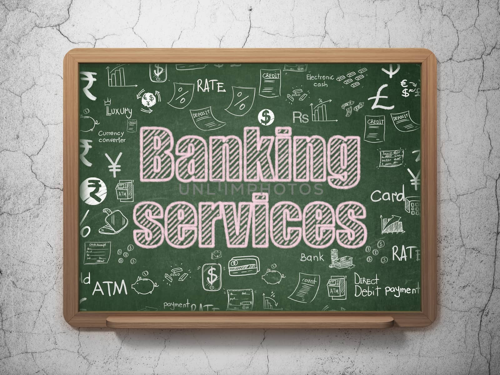 Money concept: Chalk Pink text Banking Services on School board background with  Hand Drawn Finance Icons, 3D Rendering