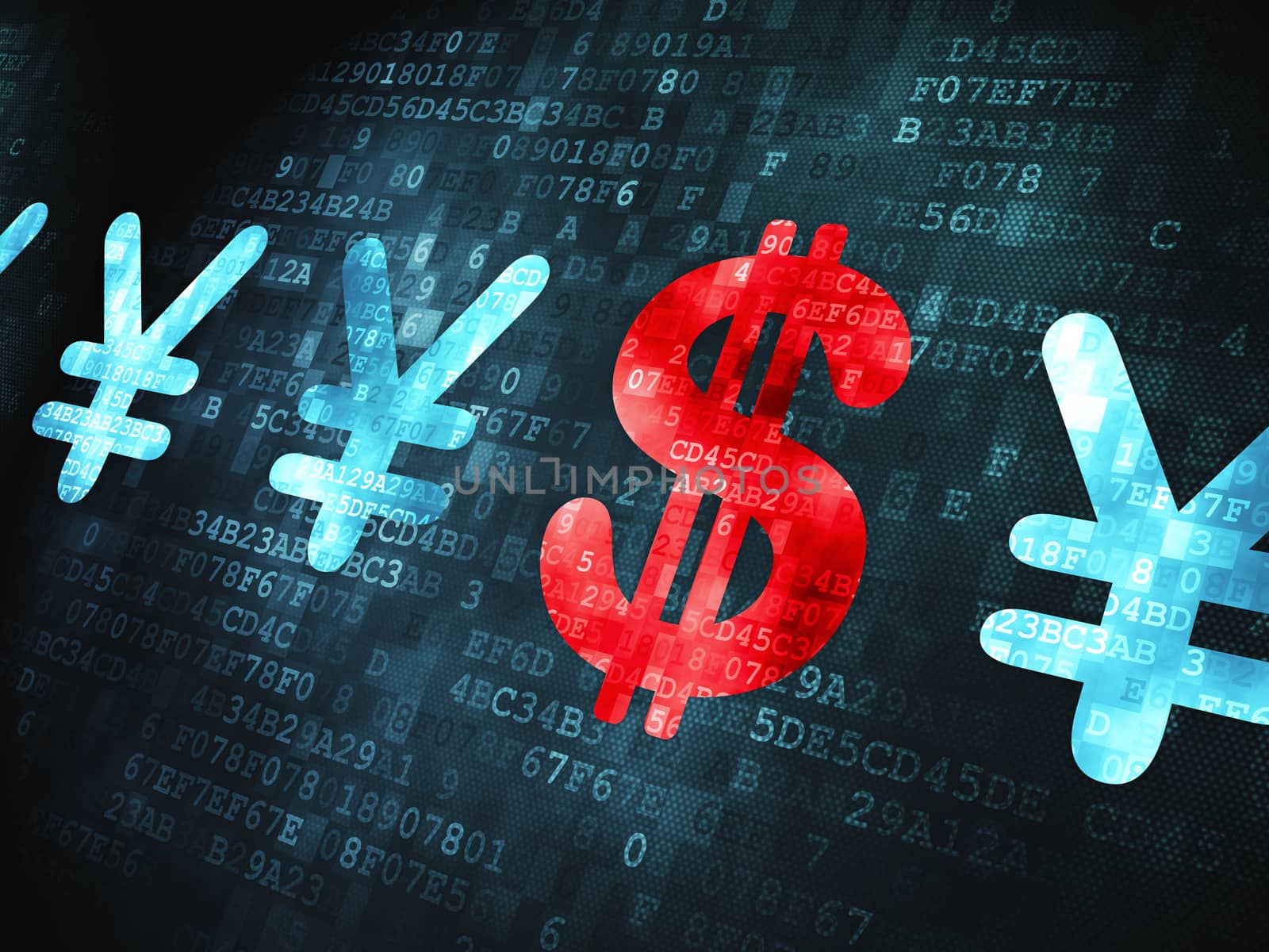 Money concept: pixelated Dollar And Yen icon on digital background