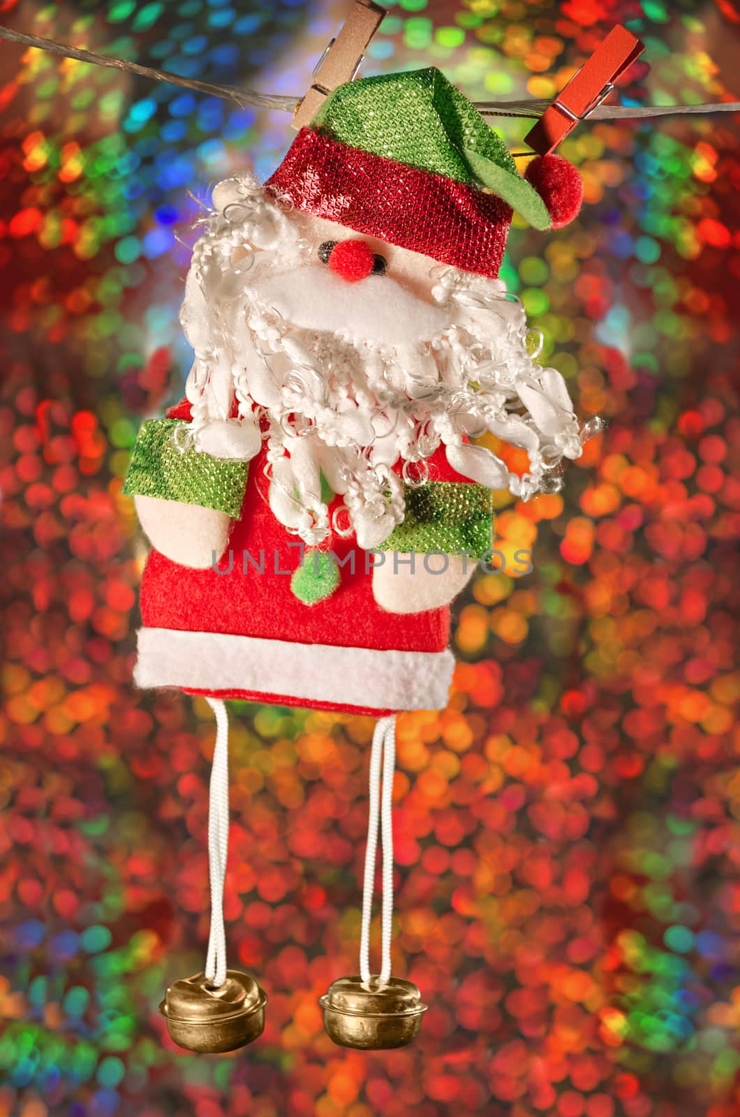 Santa Claus, holiday background bokeh. Christmas decorations hanging