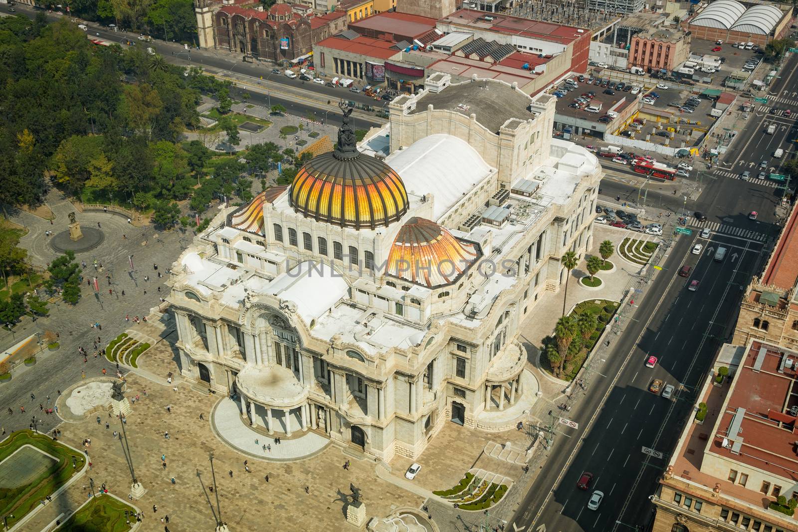 Palace of Fine Arts, or Palacio de Bellas Artes, in Mexico City, Mexico, seen from the top of Torre Latinoamericana.