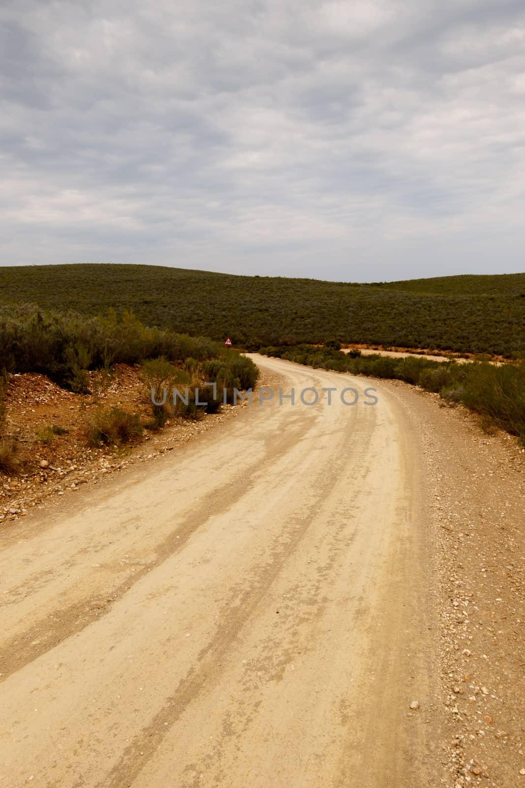 Dirt road with grass on the sides with the mountains ahead by markdescande