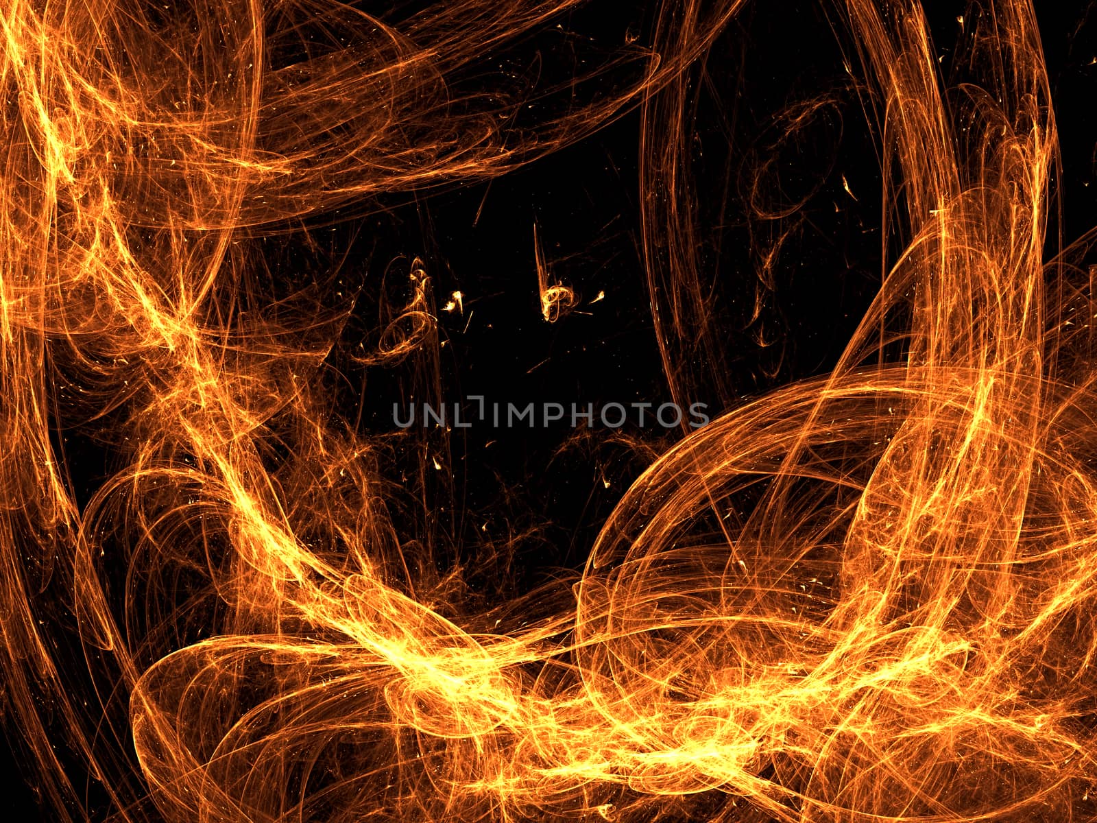 Abstract fire frame computer-generated image. Fractal art: chaos glowing orange strokes like flame in dark. Background with copyspace or graphic design element.