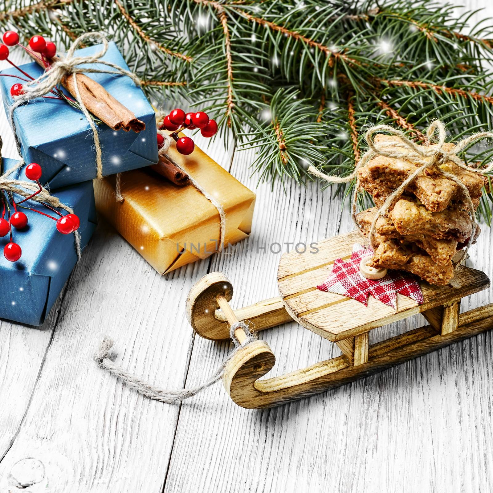 Santa's sleigh and gift. Christmas card by LMykola