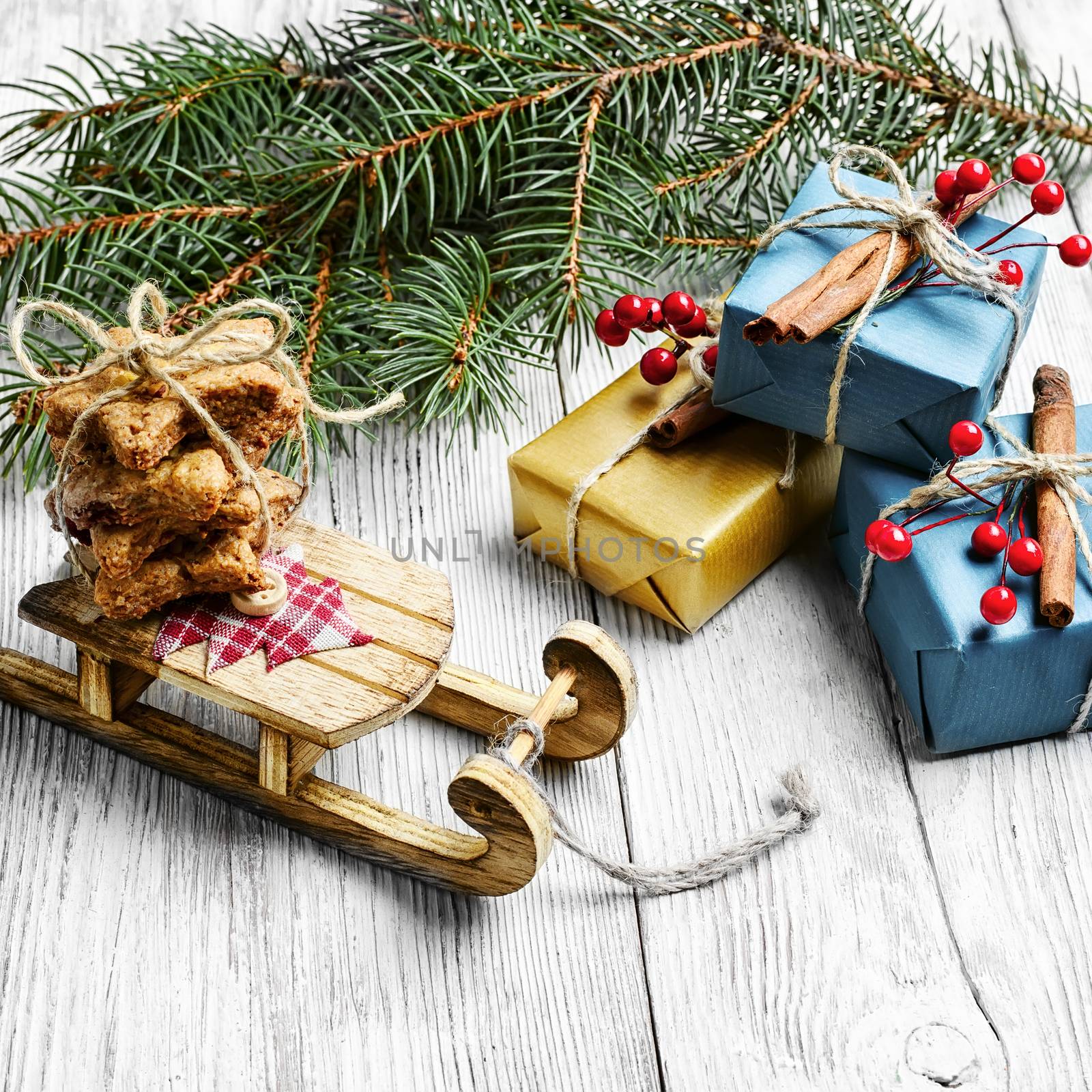 Santa's sleigh and gift. Christmas card by LMykola