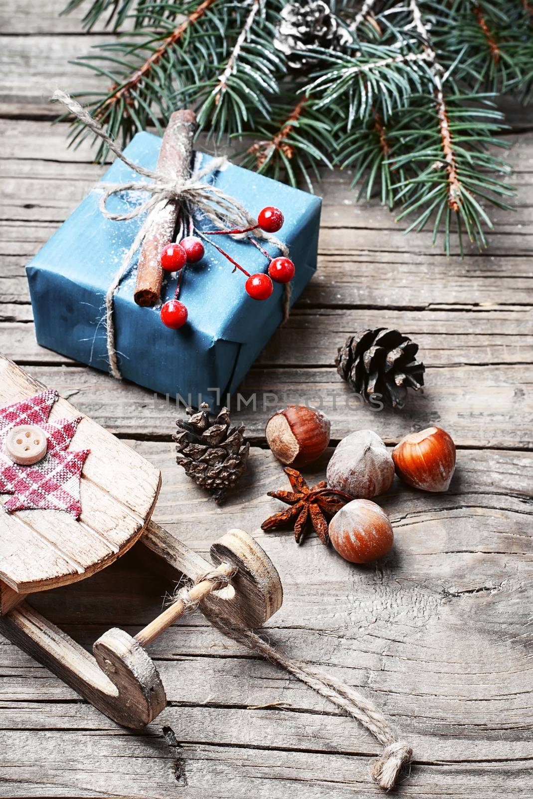 Christmas card with old fashioned Christmas sleigh of Santa Claus and Christmas gifts