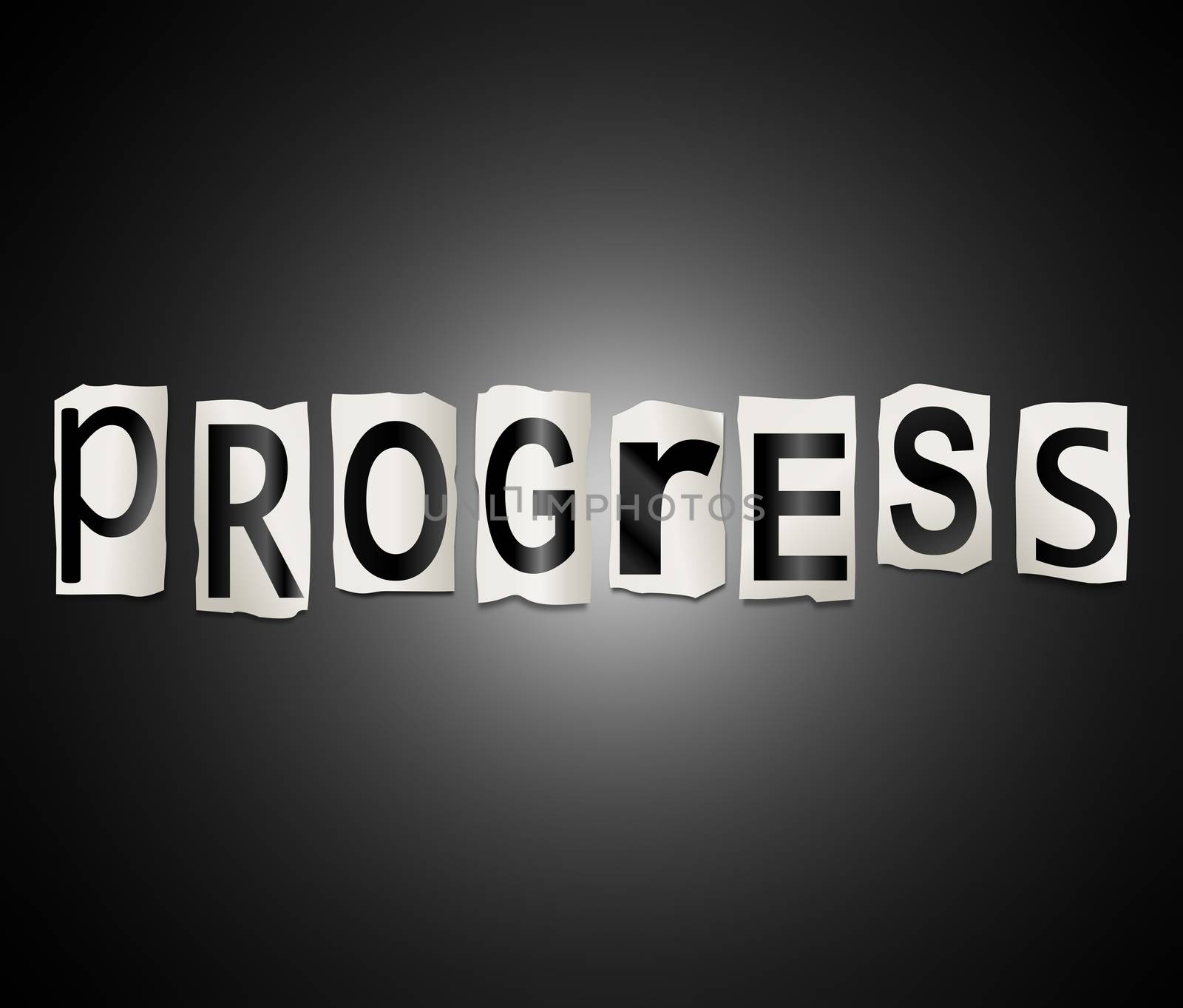 Illustration depicting a set of cut out printed letters arranged to form the word progress.