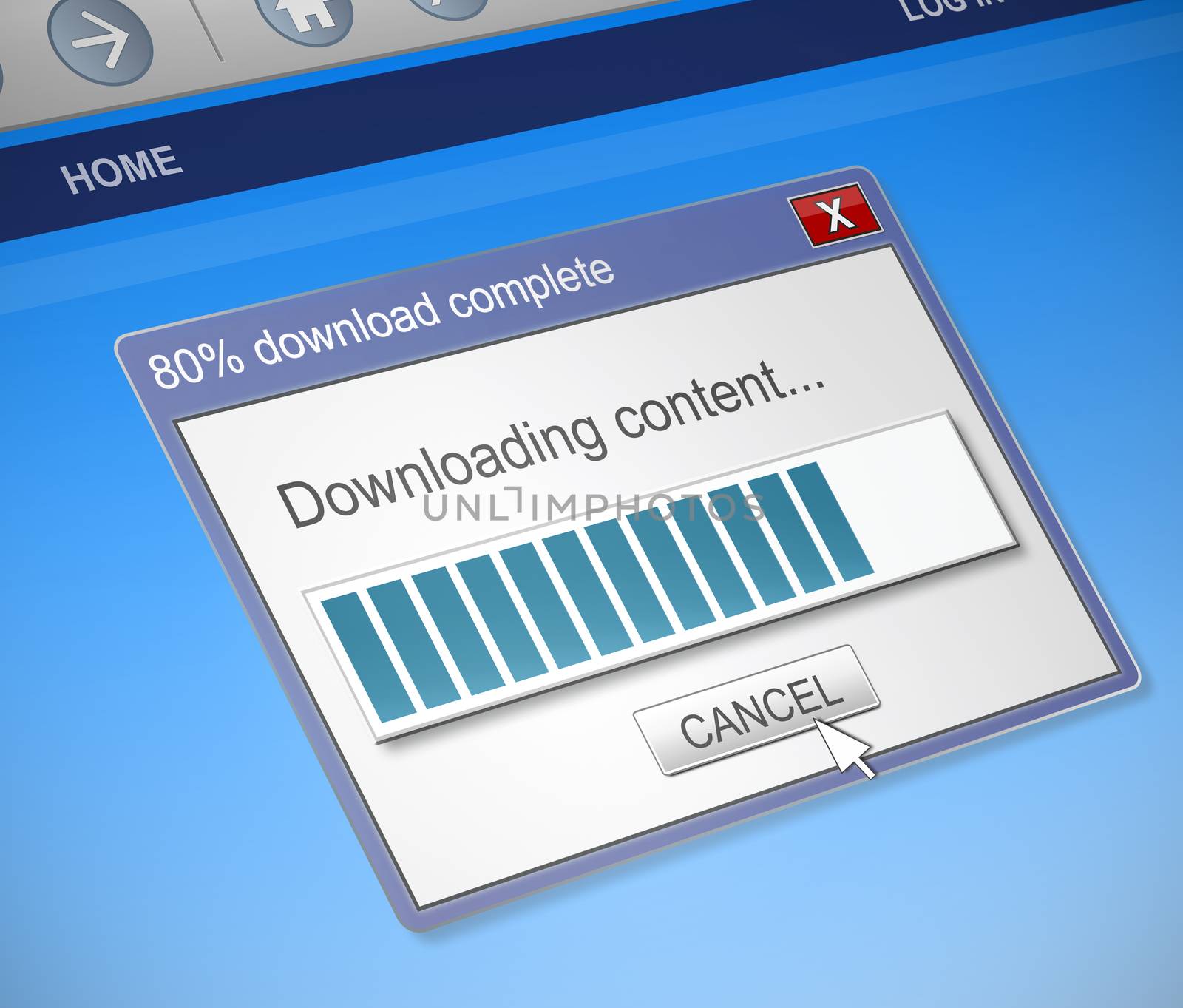 Illustration depicting a computer dialog box with a downloading content concept.