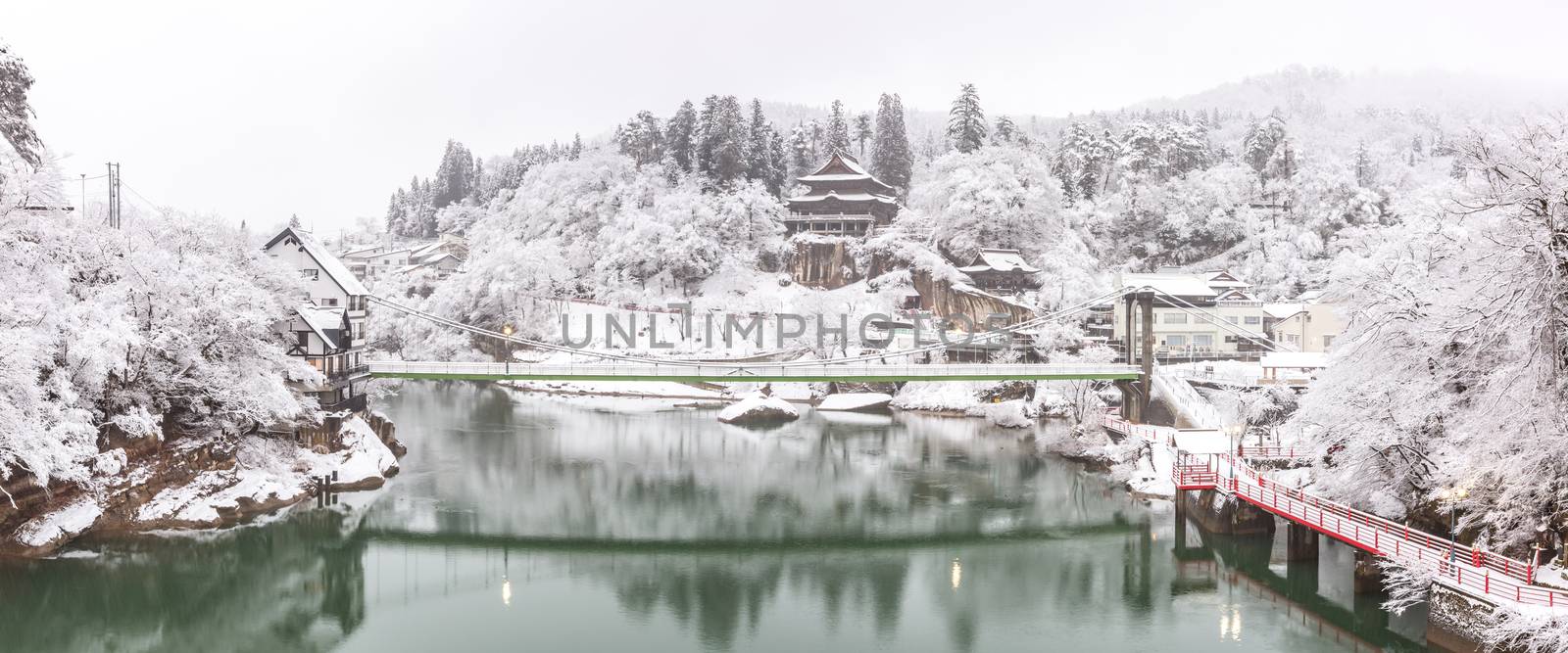 Winter Landcape with lake and village in Japan panorama