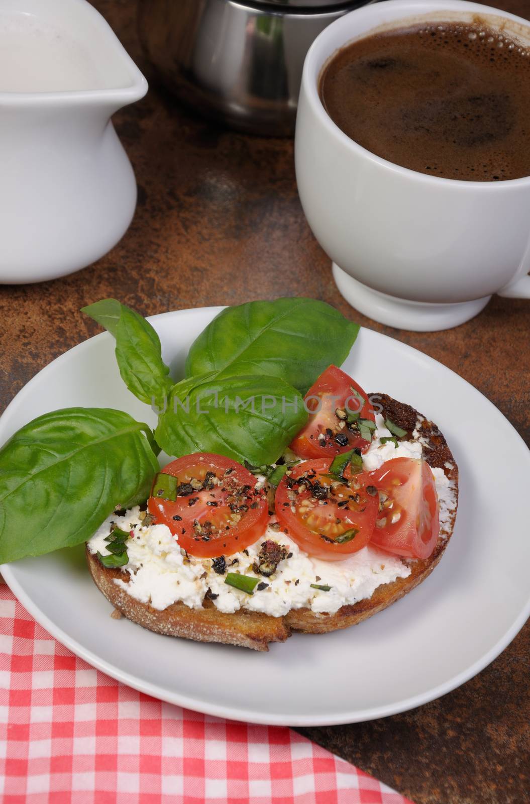 Bruschetta with ricotta and cherry tomatoes seasoned   spices, basil