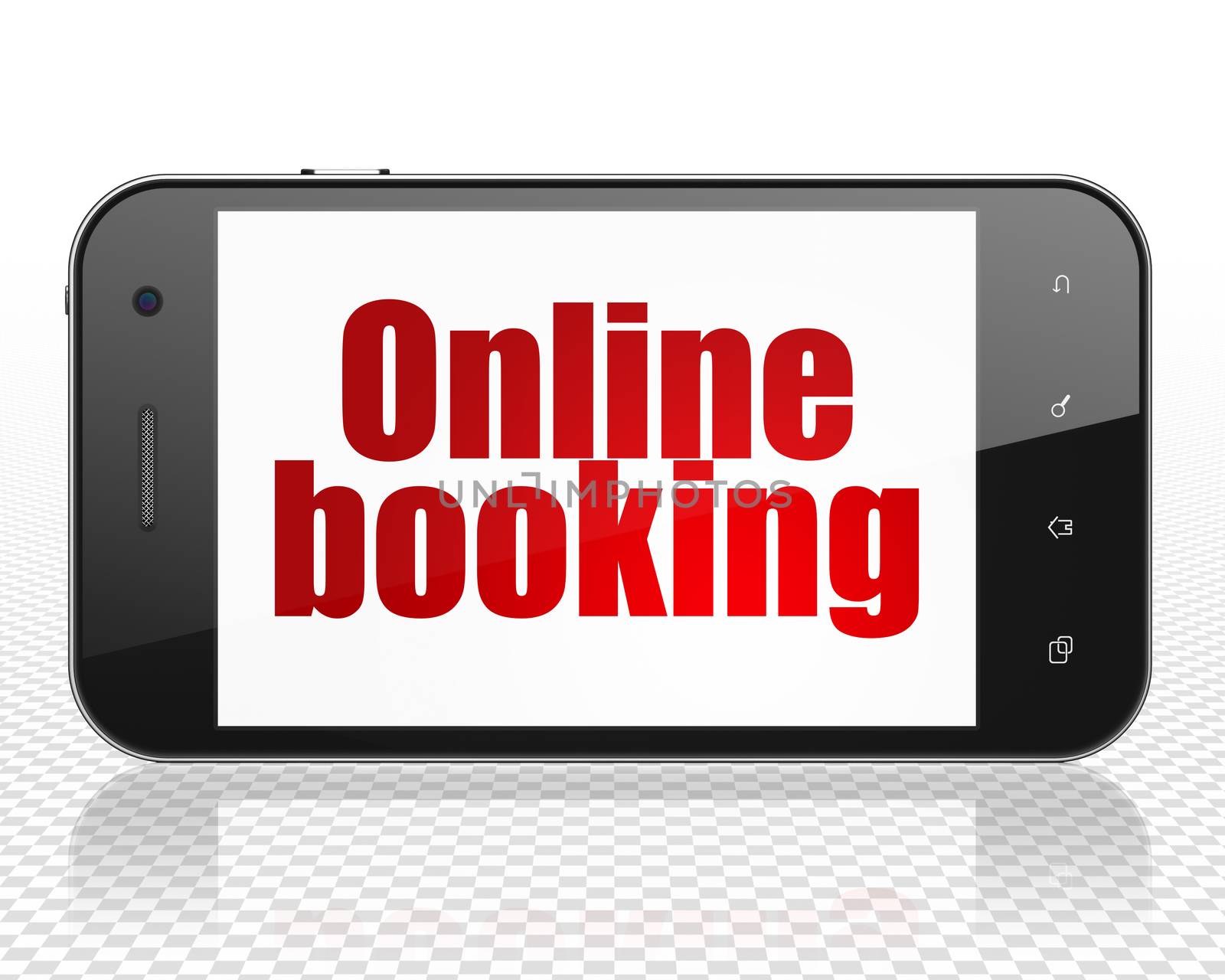 Tourism concept: Smartphone with red text Online Booking on display, 3D rendering