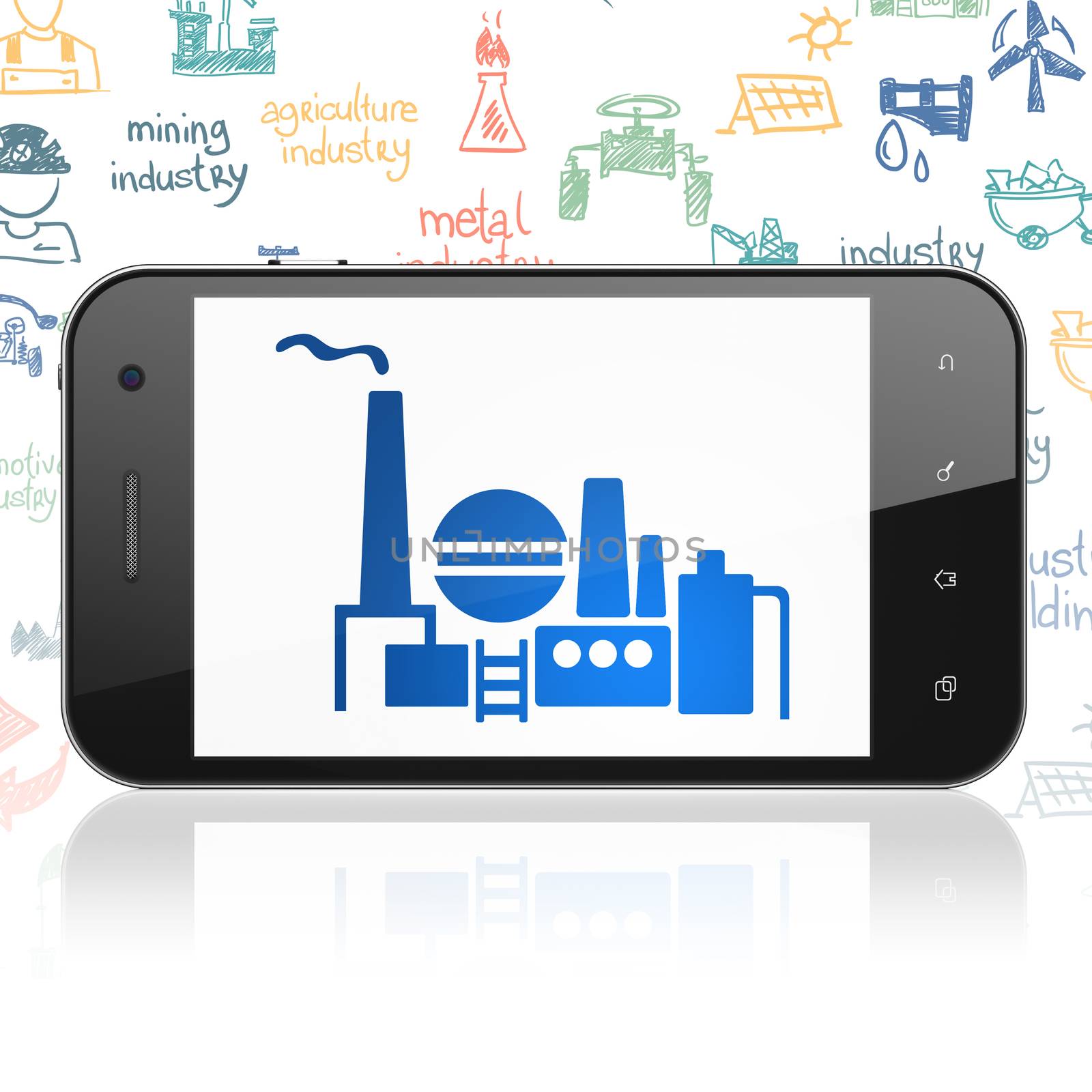 Manufacuring concept: Smartphone with  blue Oil And Gas Indusry icon on display,  Hand Drawn Industry Icons background, 3D rendering