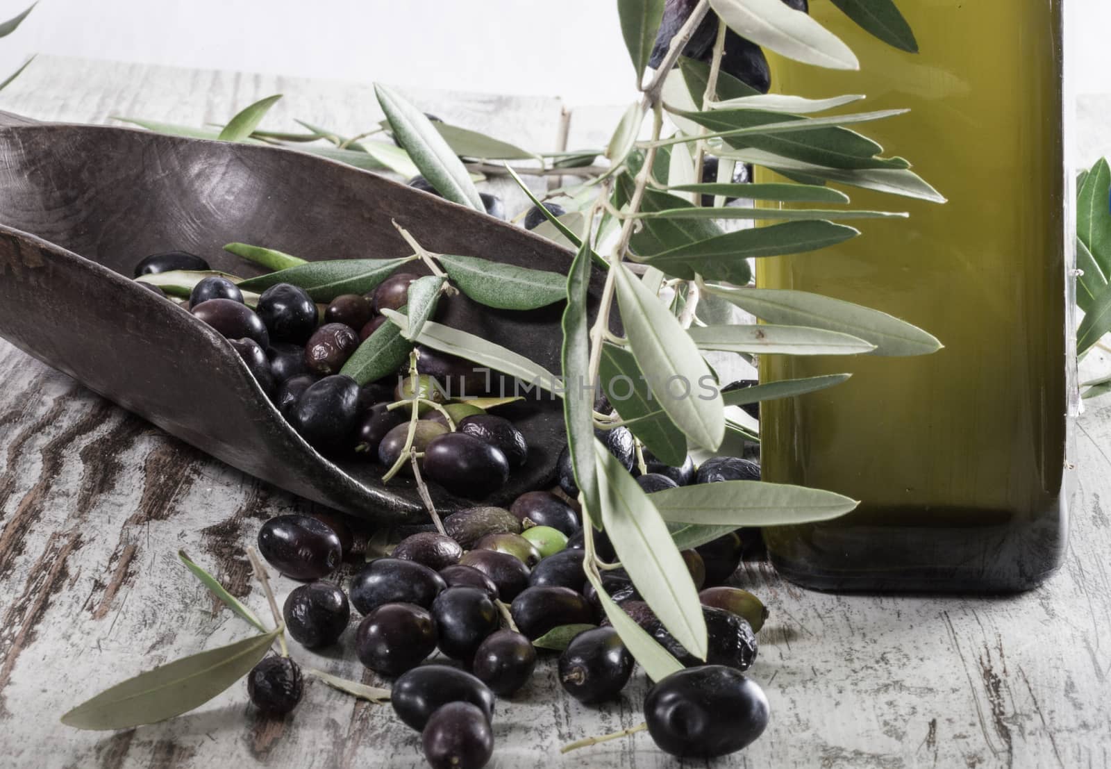 Olive oil and Olive on wood