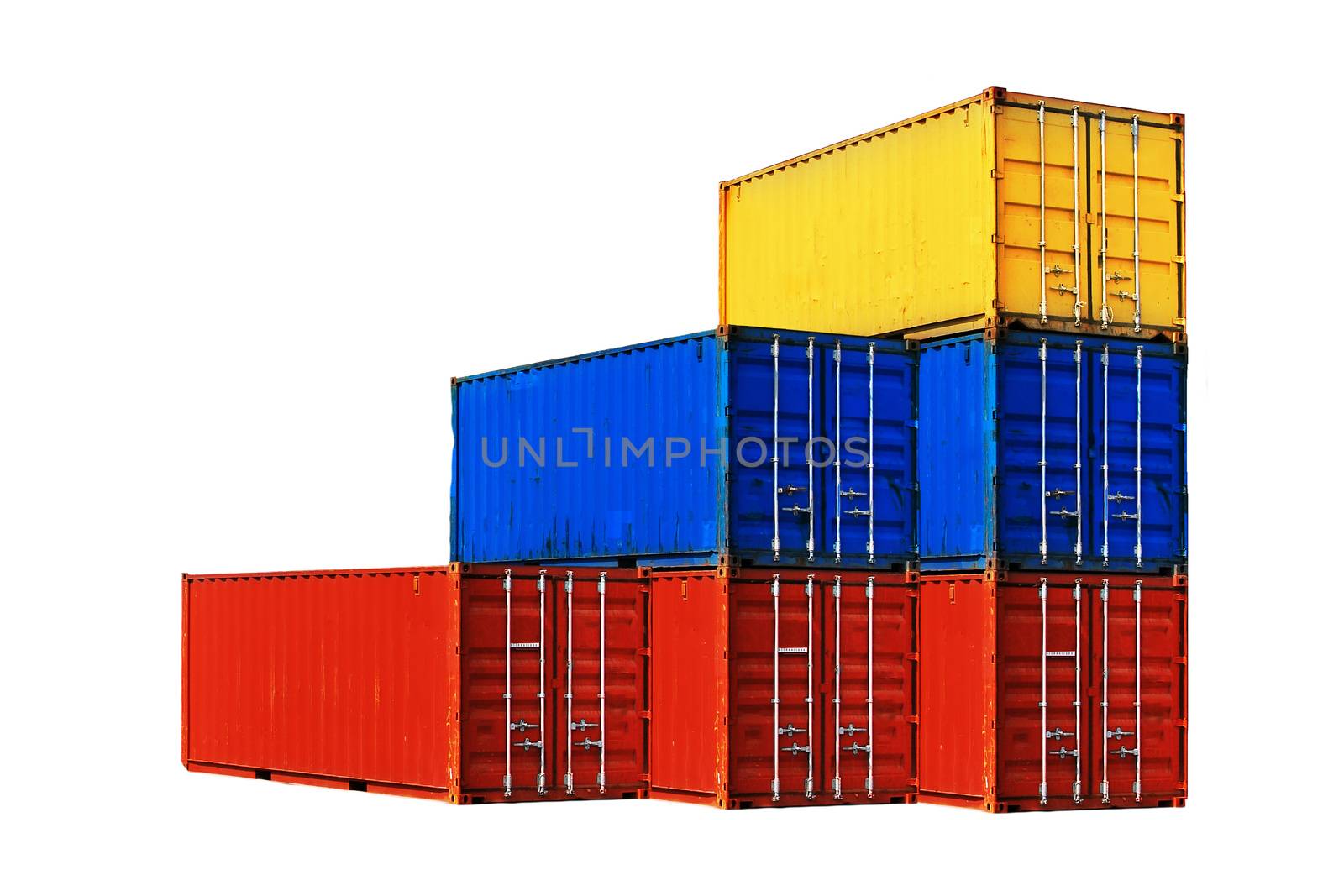 Six differently colored sea containers stacked, isolated on white background.