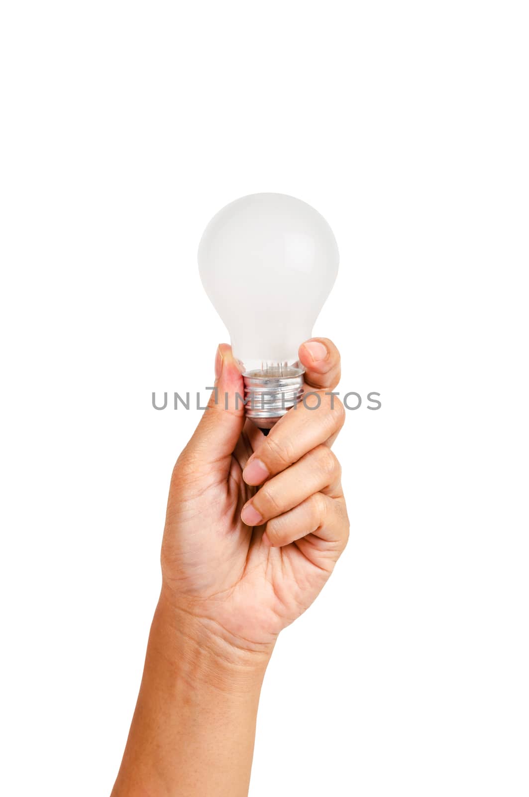 Hand holding an incandescent light bulb isolated on white background, Save clippint path.