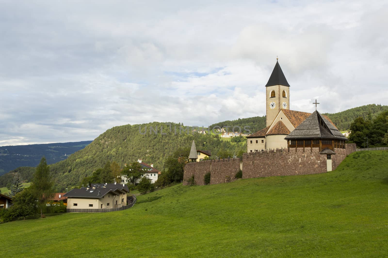 Seis Am Schlern, IT- September, 18. Panoramic view of Holy Cross Parish of Seis Am Schlern