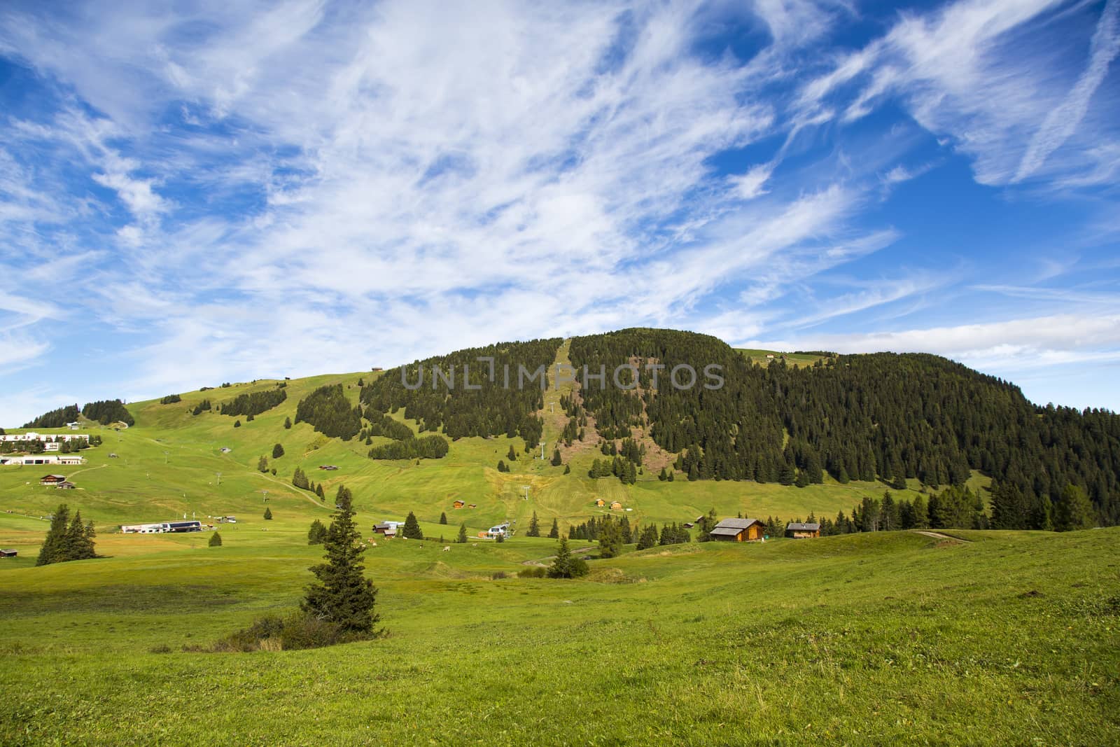 panoramic view of the Seiser Alm in a sunny day with blue sky and clouds