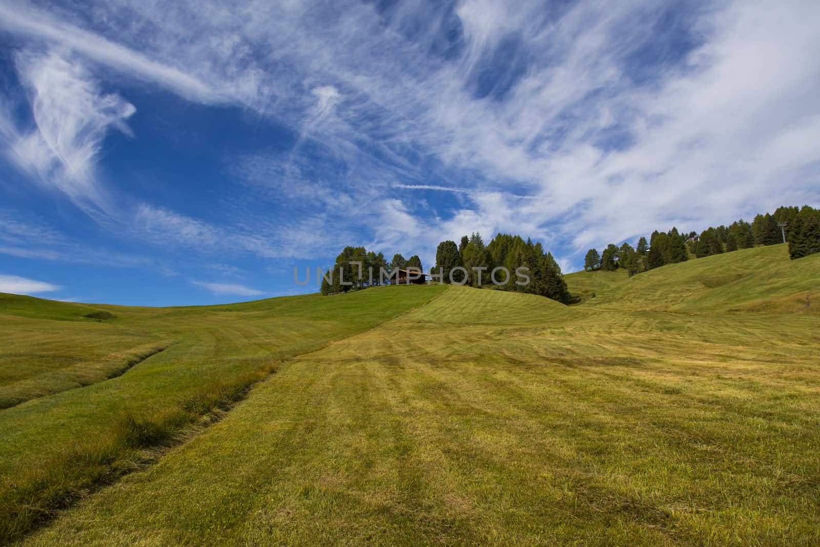 panoramic view of the Seiser Alm in a sunny day with blue sky and clouds