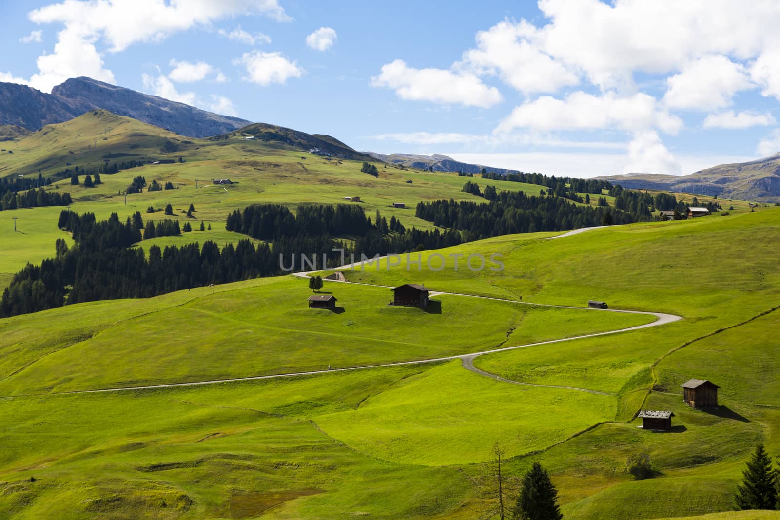 panoramic view of the Seiser Alm in a sunny day with blue sky and clouds