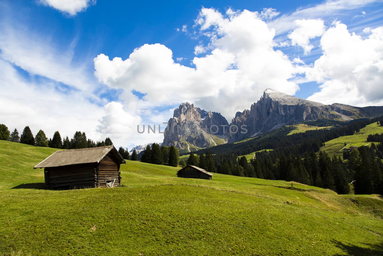 panoramic view of the Seiser Alm in a sunny day with blue sky and clouds with refuge in foreground and mountain range in the background