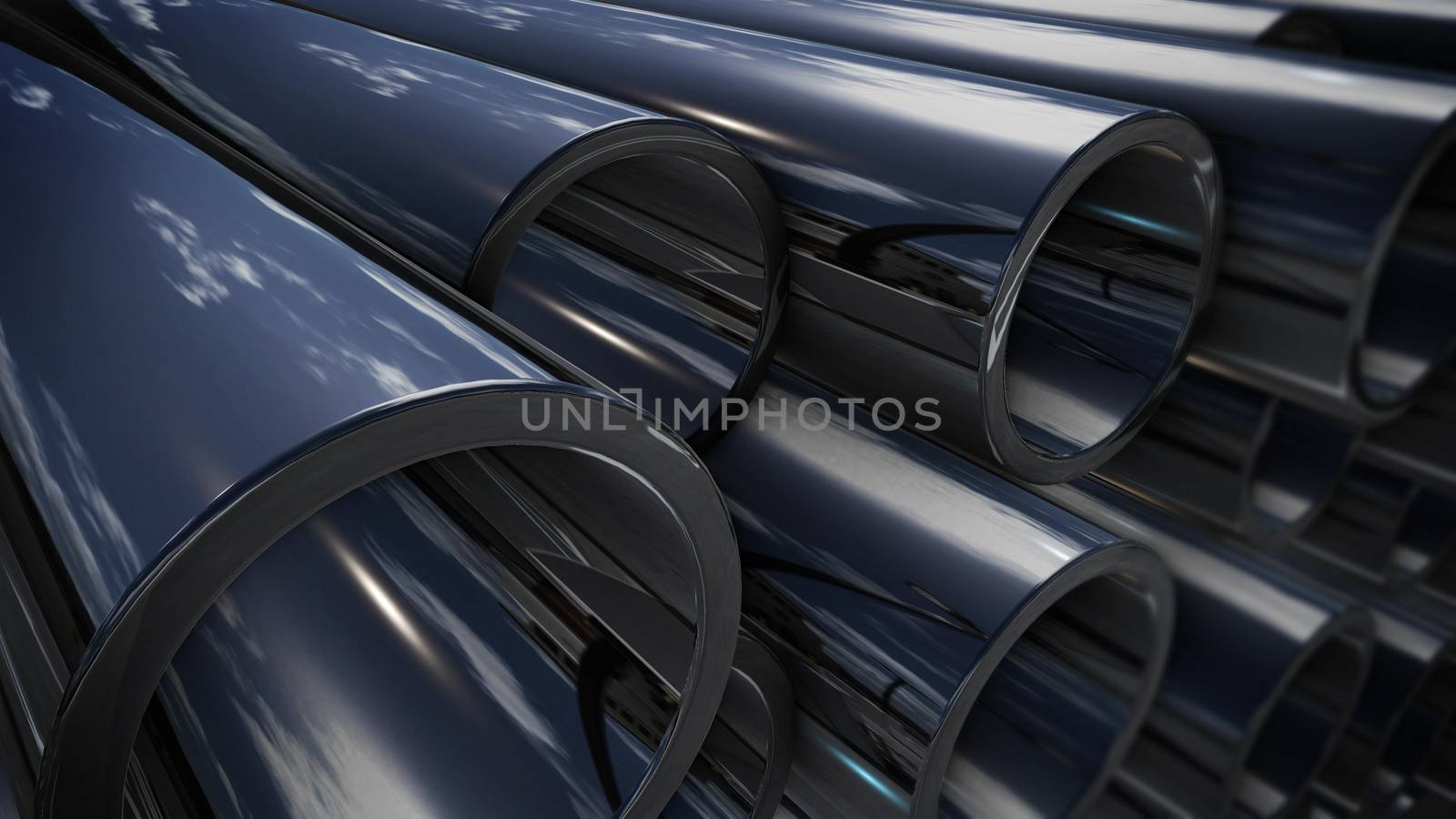 3d rendering of Steel pipes stack with reflection