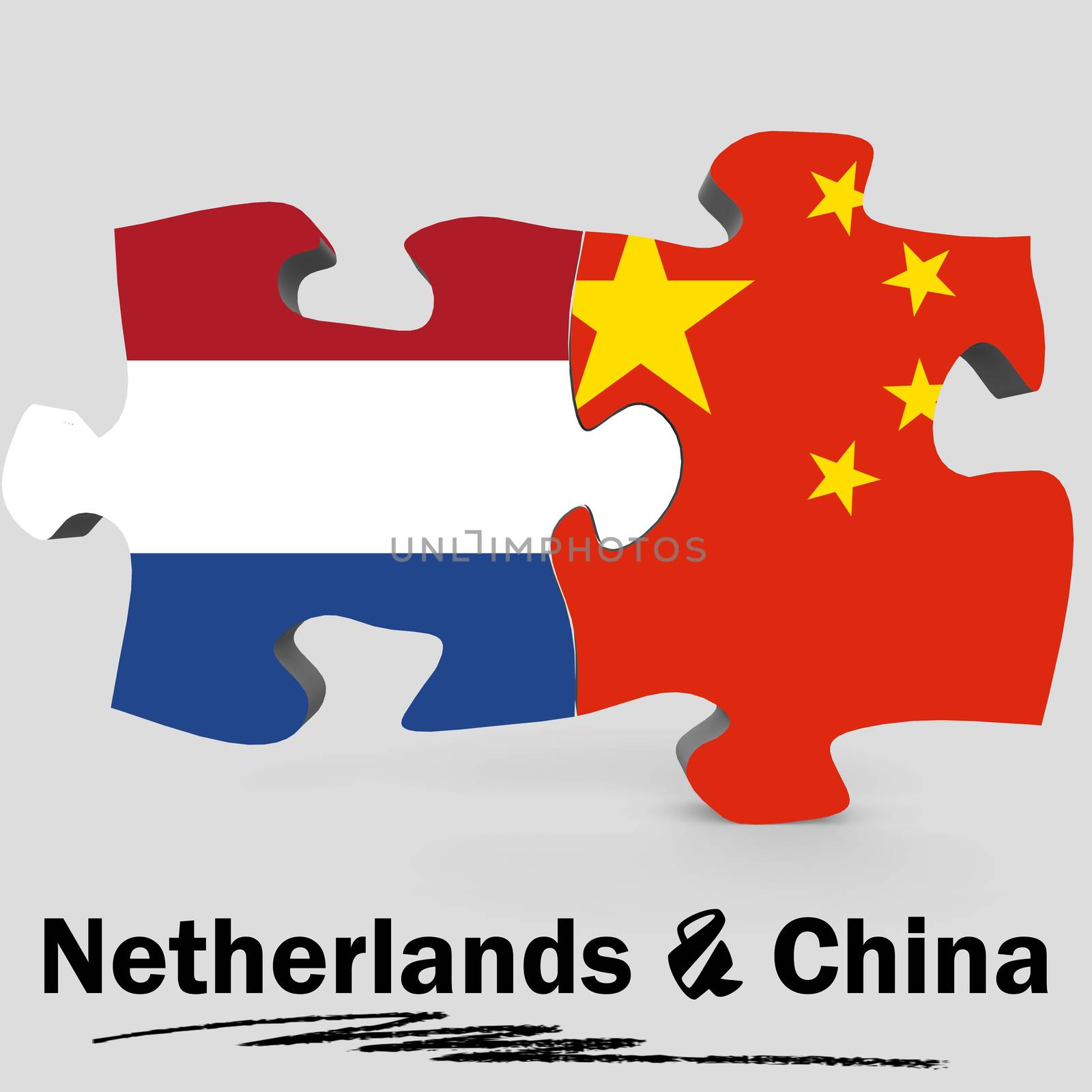 China and Netherlands Flags in puzzle isolated on white background, 3D rendering