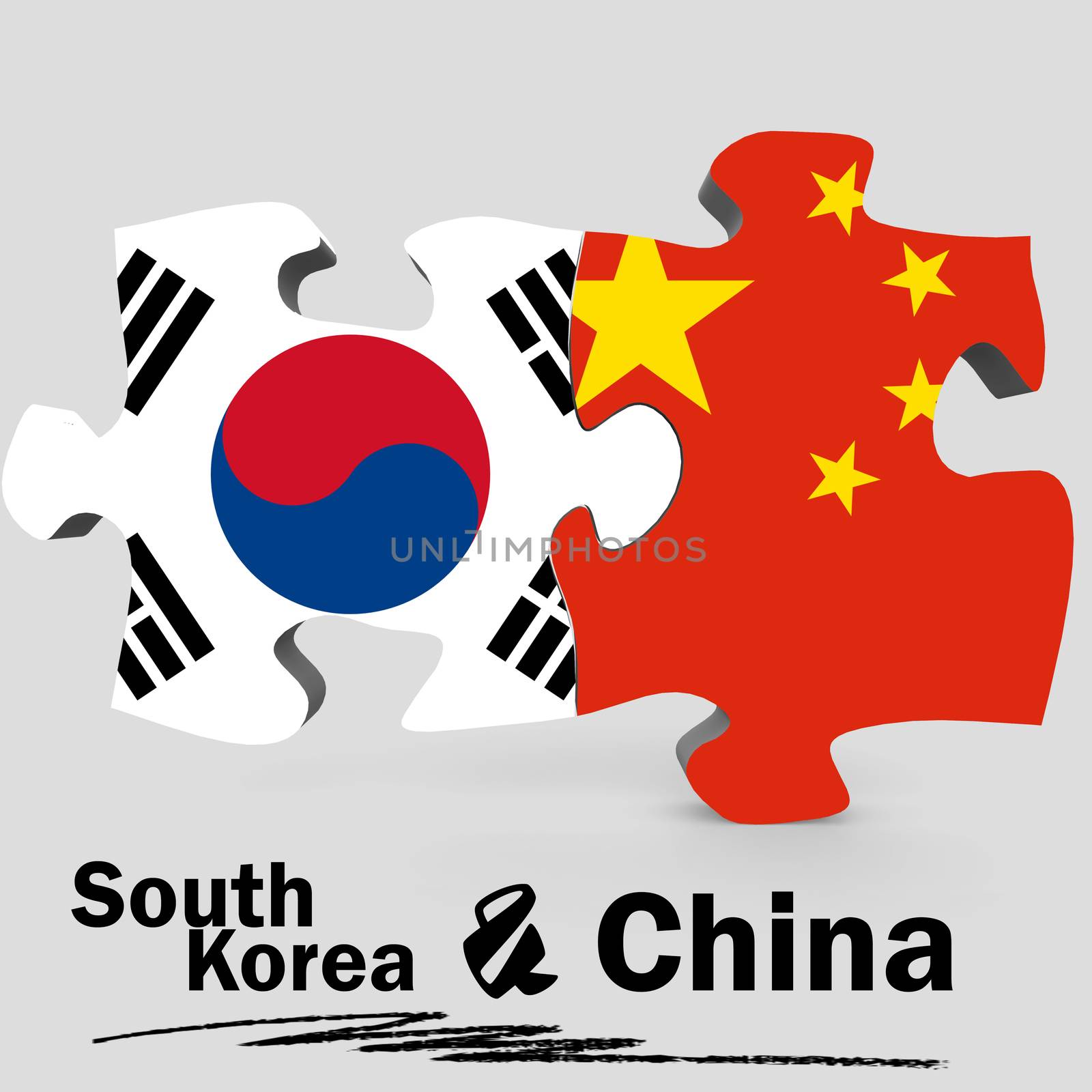 China and South Korea Flags in puzzle isolated on white background, 3D rendering