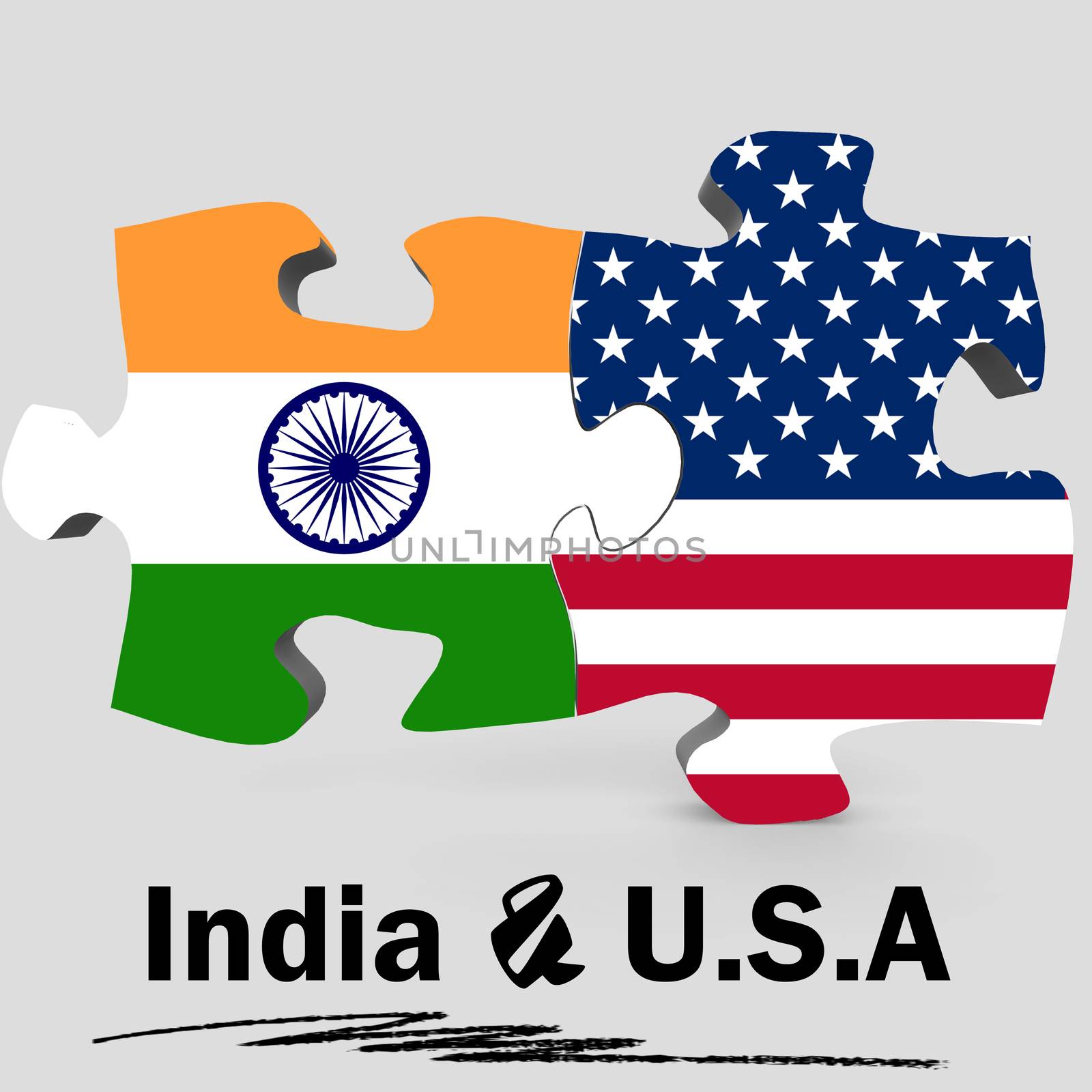 USA and India Flags in puzzle isolated on white background, 3D rendering