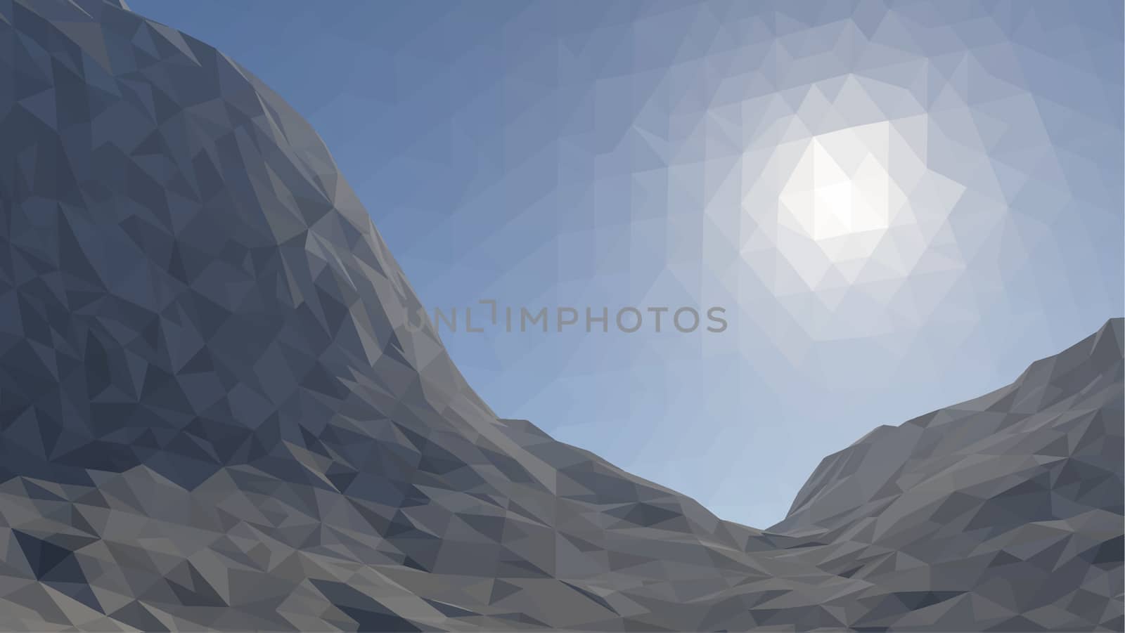 Mountains background with sun in glacier. illustration of many triangles.