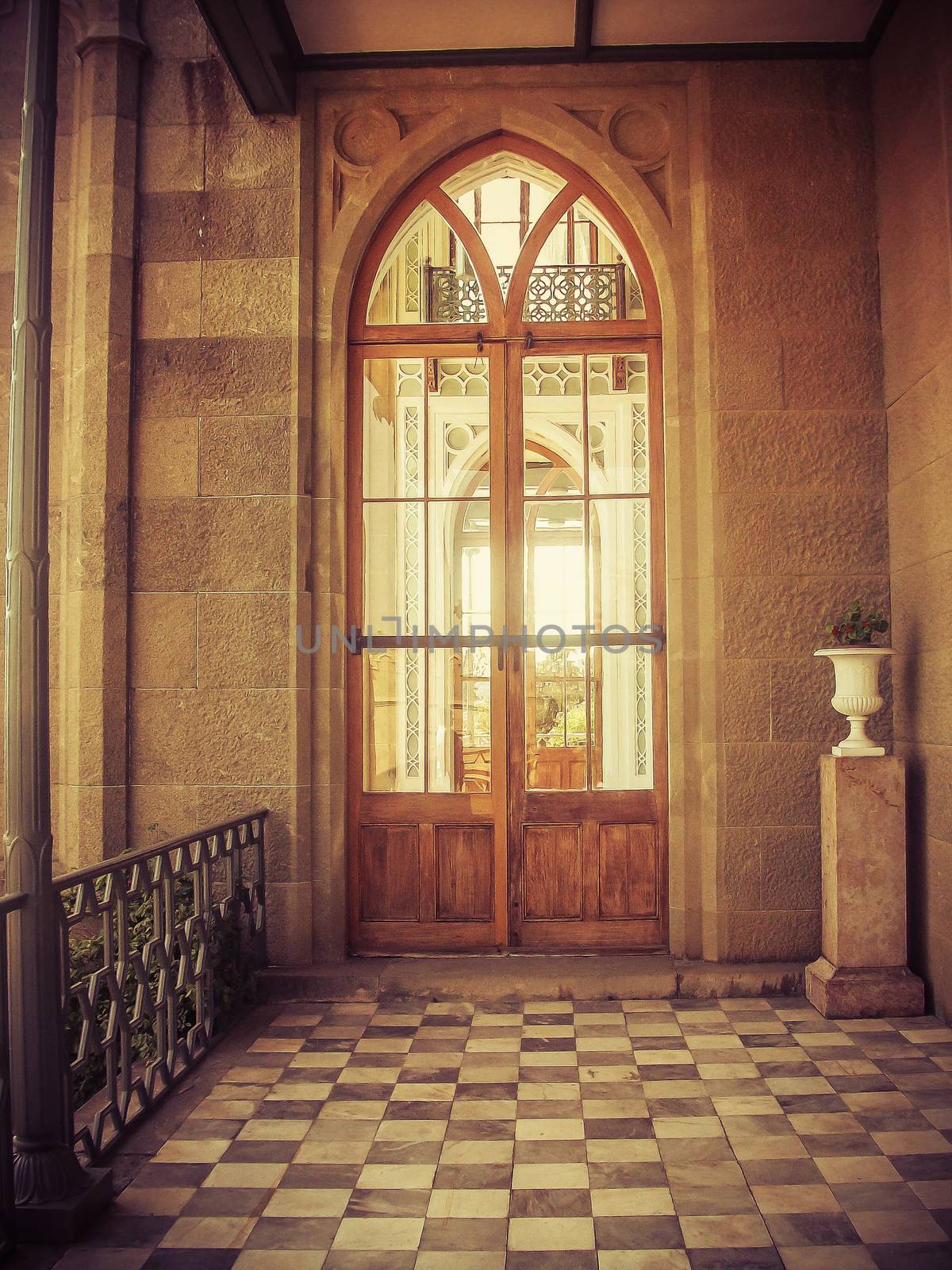 Glass door in old castle