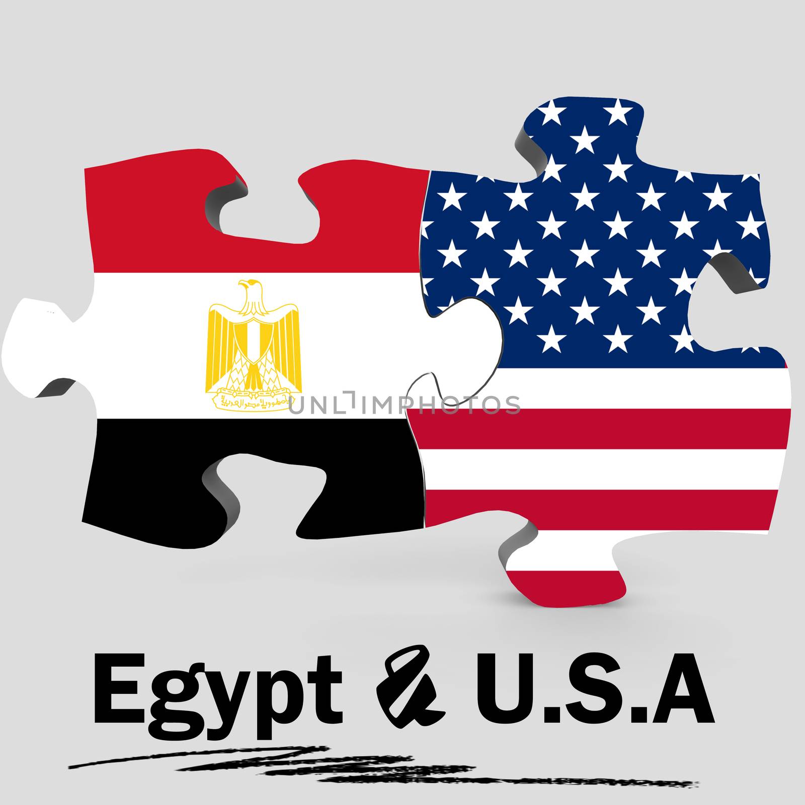 USA and Egypt Flags in puzzle isolated on white background, 3D rendering