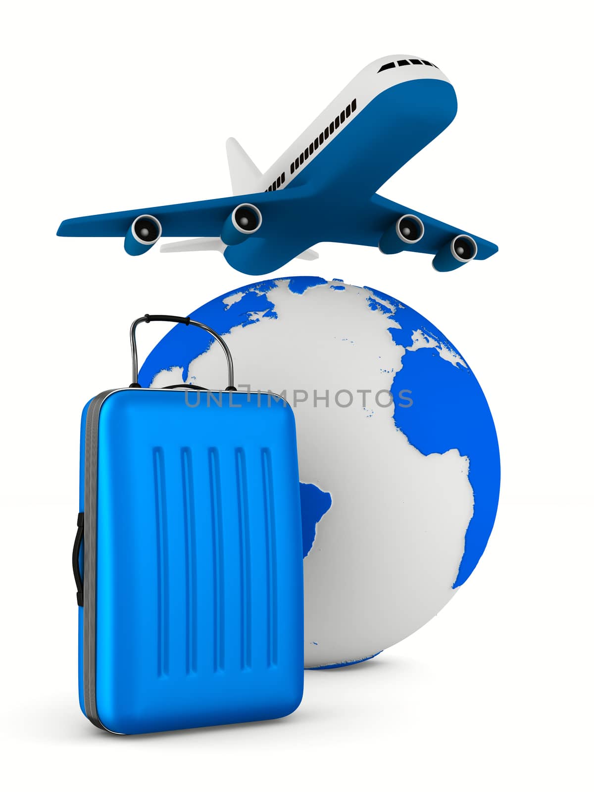 airplane and globe on white background. Isolated 3D image by ISerg