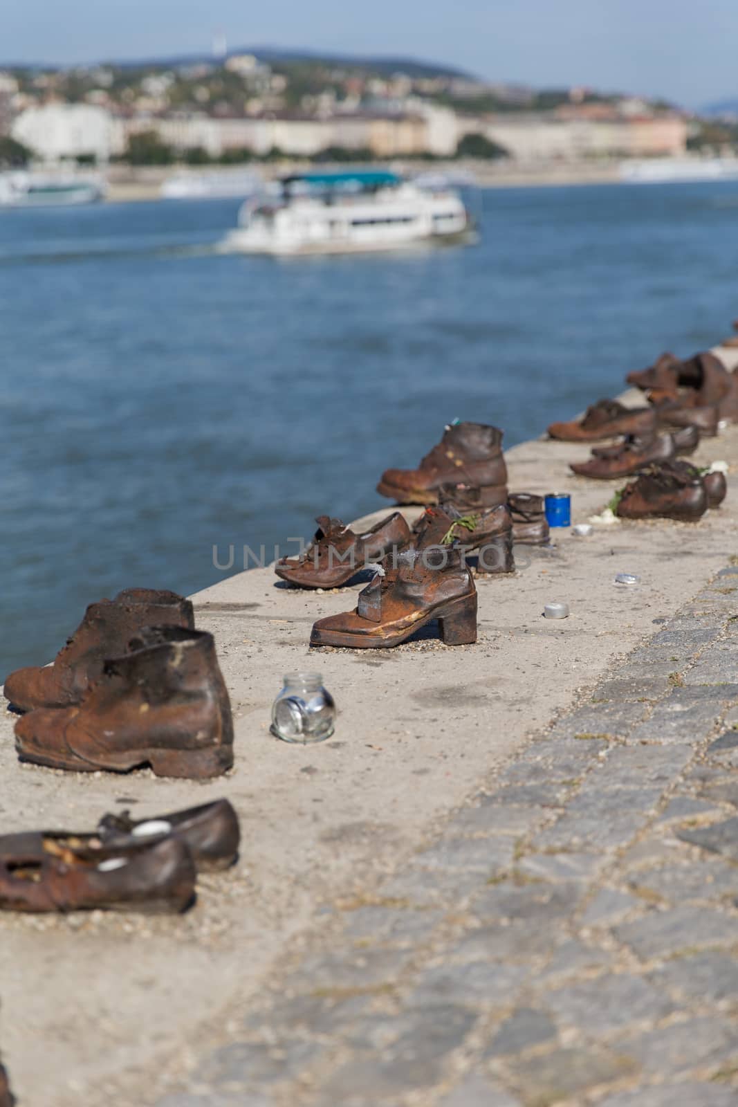 View of the River Danube in Budapest. on the Banks of the Monument Bronze Shoe. Memory of Victims Second World War by AndrewBu