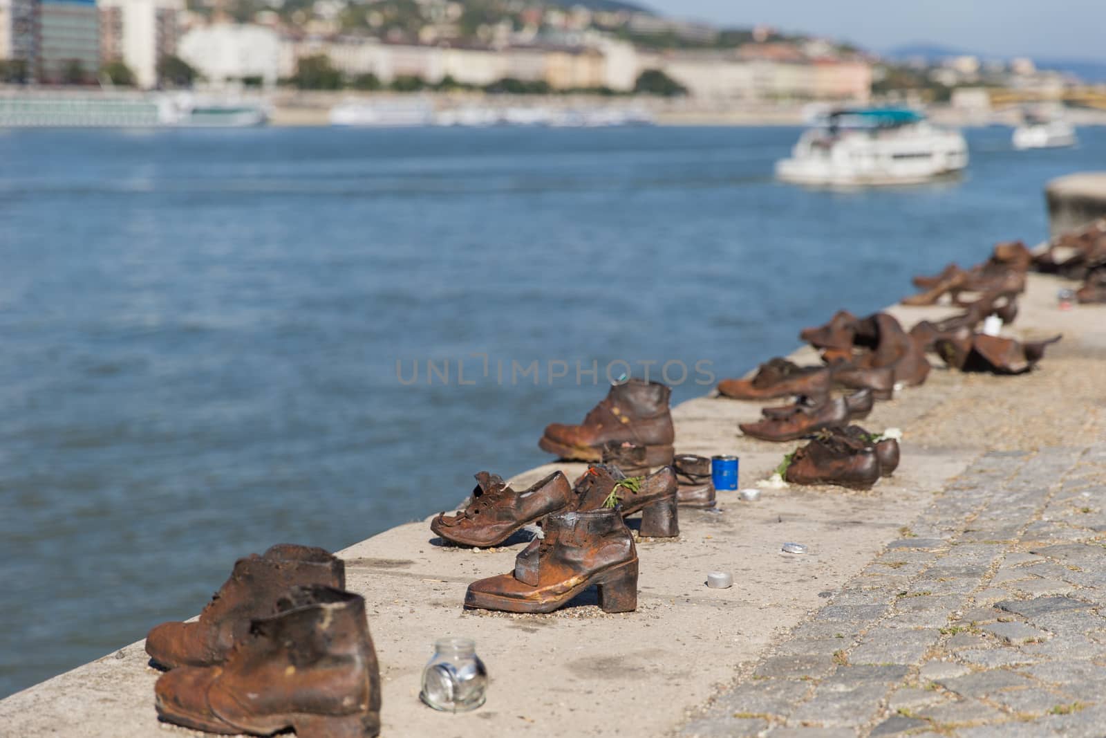 View of the River Danube in Budapest. on the Banks of the Monument Bronze Shoe. Memory of Victims Second World War by AndrewBu