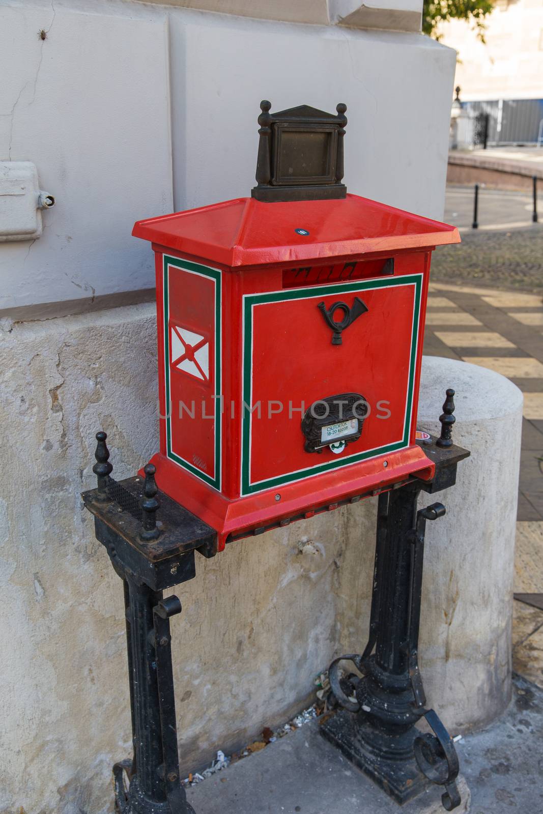 Mail box red. Budapest, Hungary. Red letterbox in Budapest.