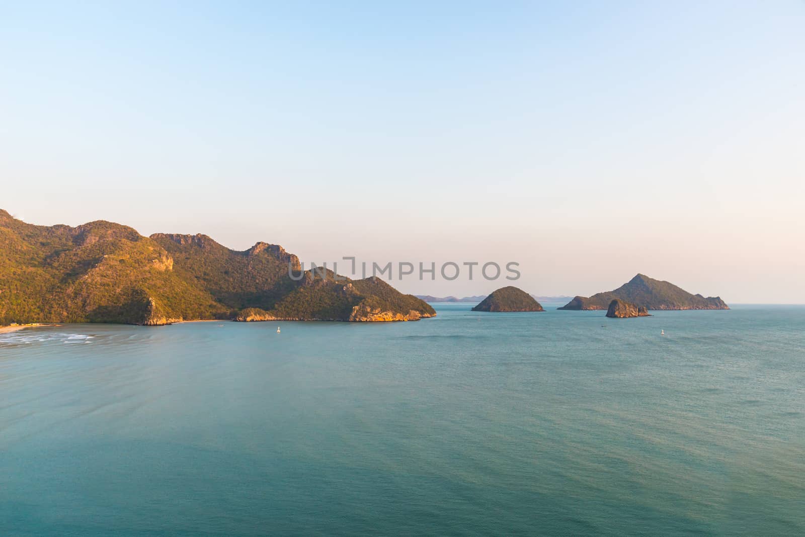 Summer view of the sea and mountain range.