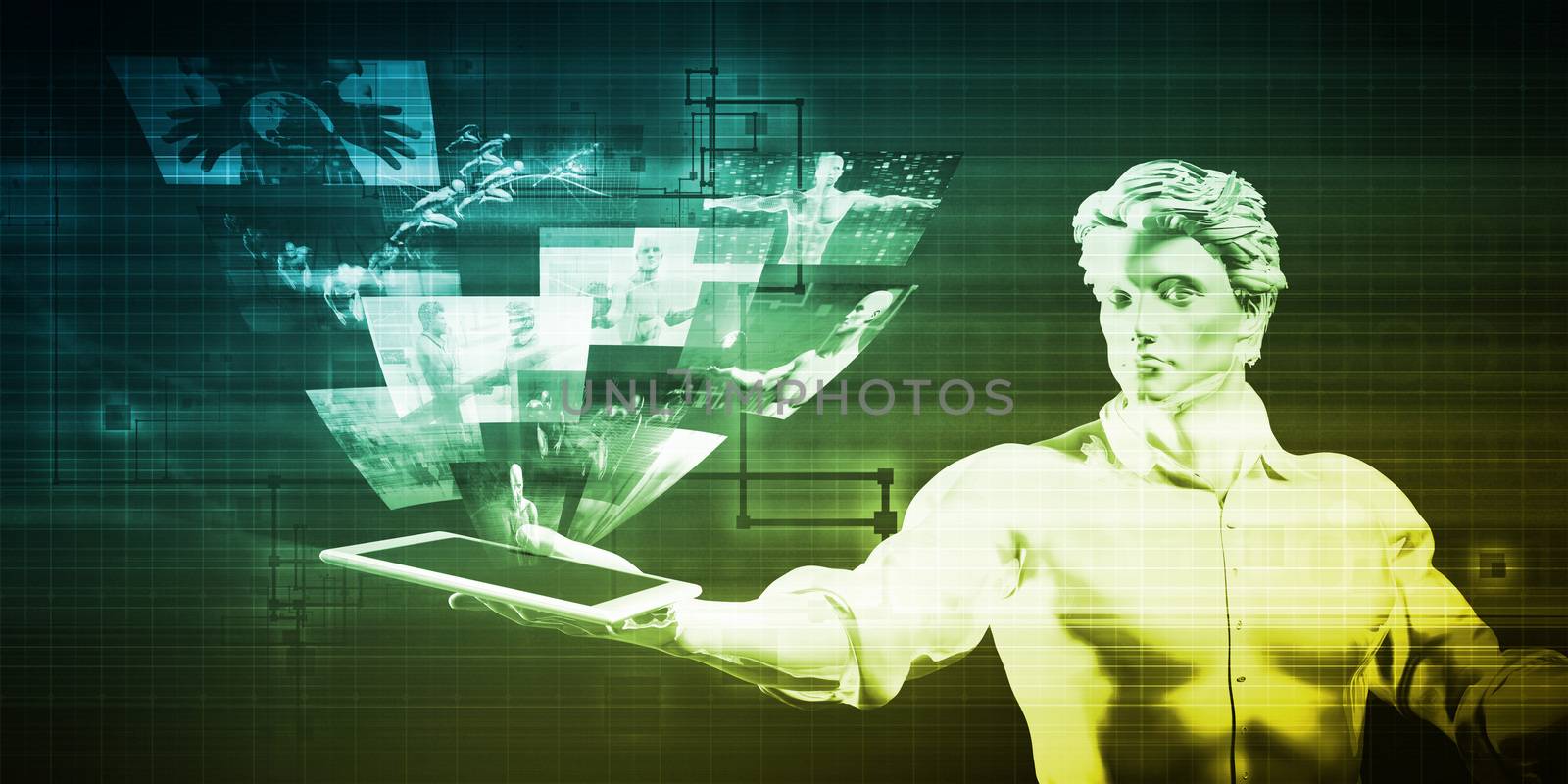 Man Holding Tablet with Multimedia Content Tabs Coming Out