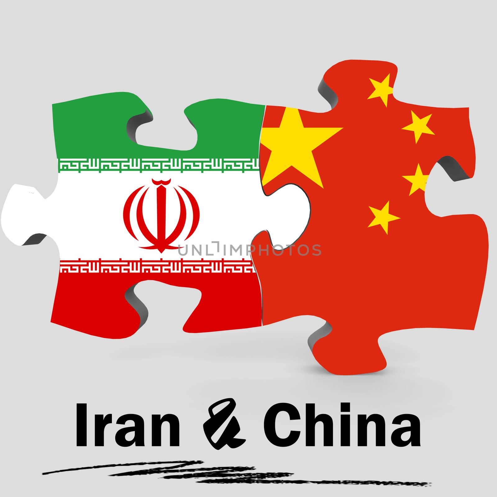 China and Iran Flags in puzzle isolated on white background, 3D rendering