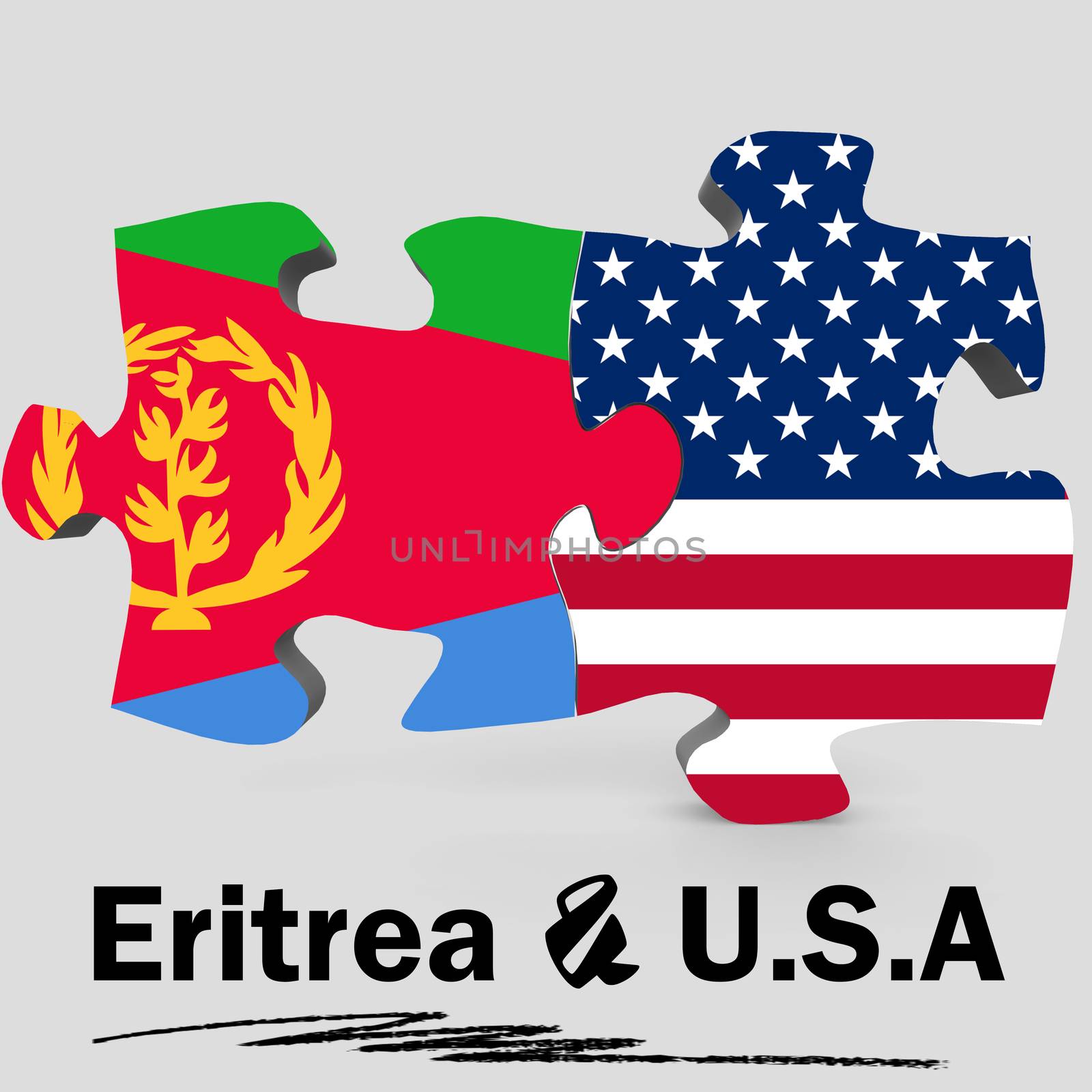 USA and Eritrea Flags in puzzle isolated on white background, 3D rendering