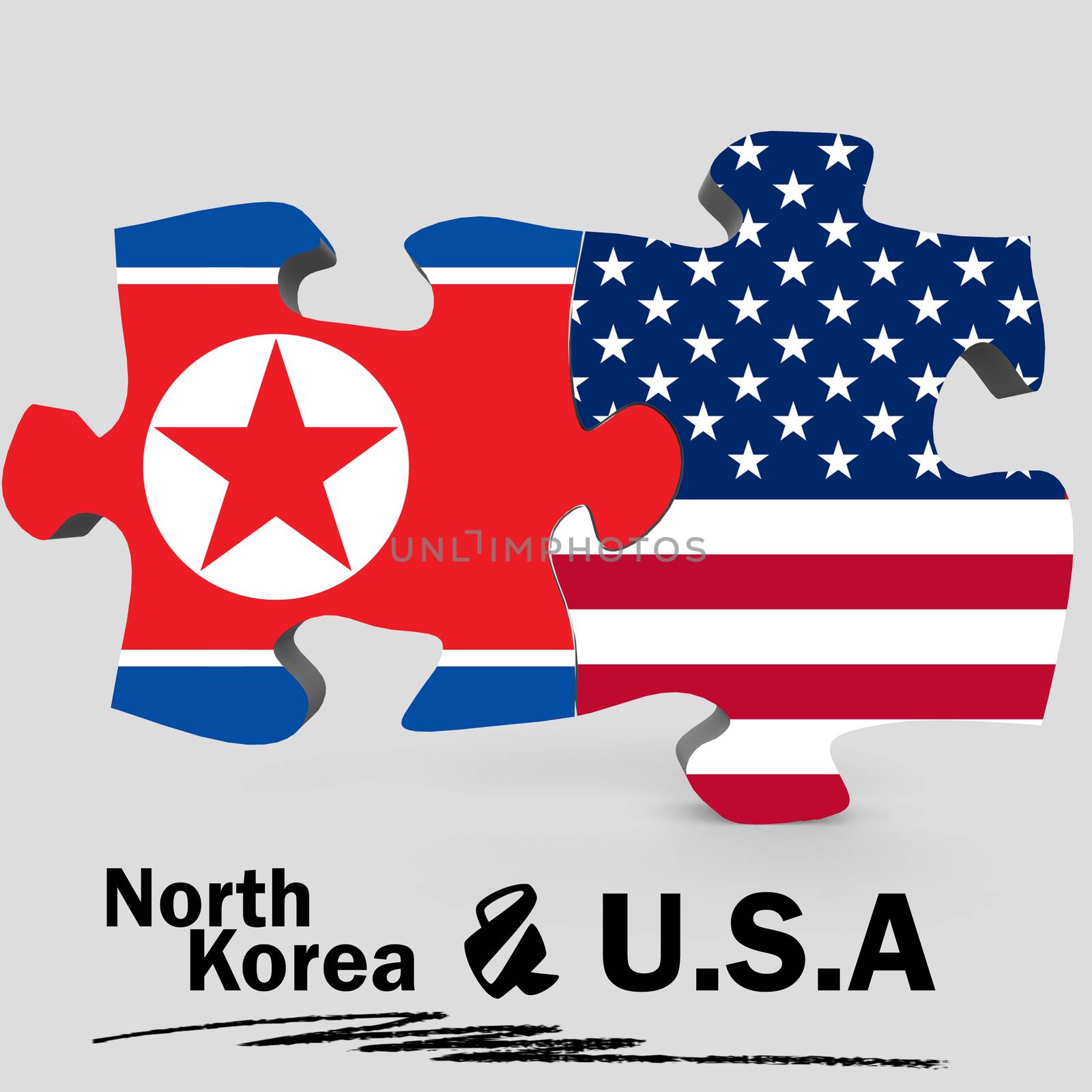 USA and North Korea Flags in puzzle isolated on white background, 3D rendering